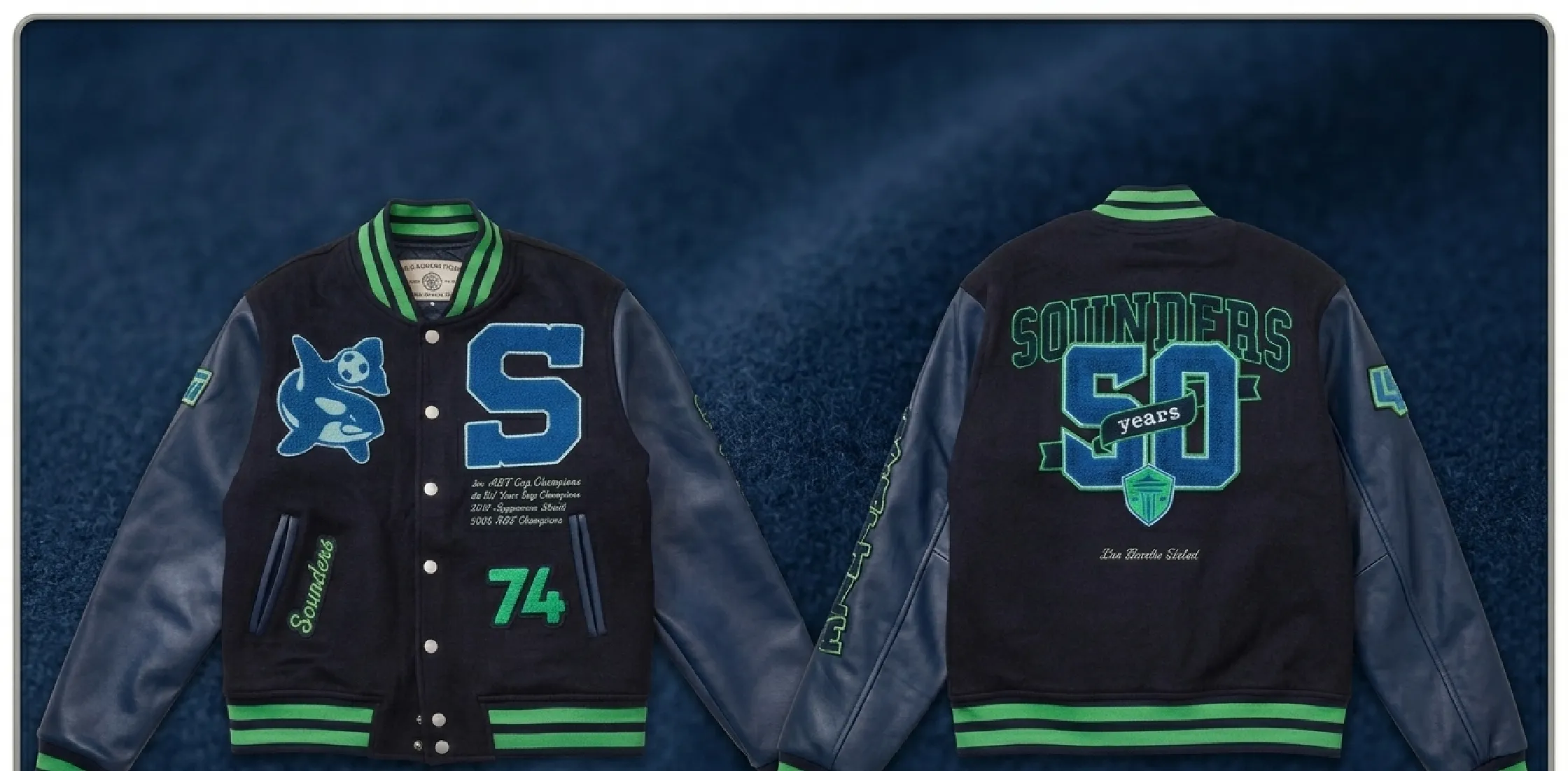 LBF X Seattle Sounders Letterman Jacket Navy with Green Ribbed Trim and Iconic Orca Patch