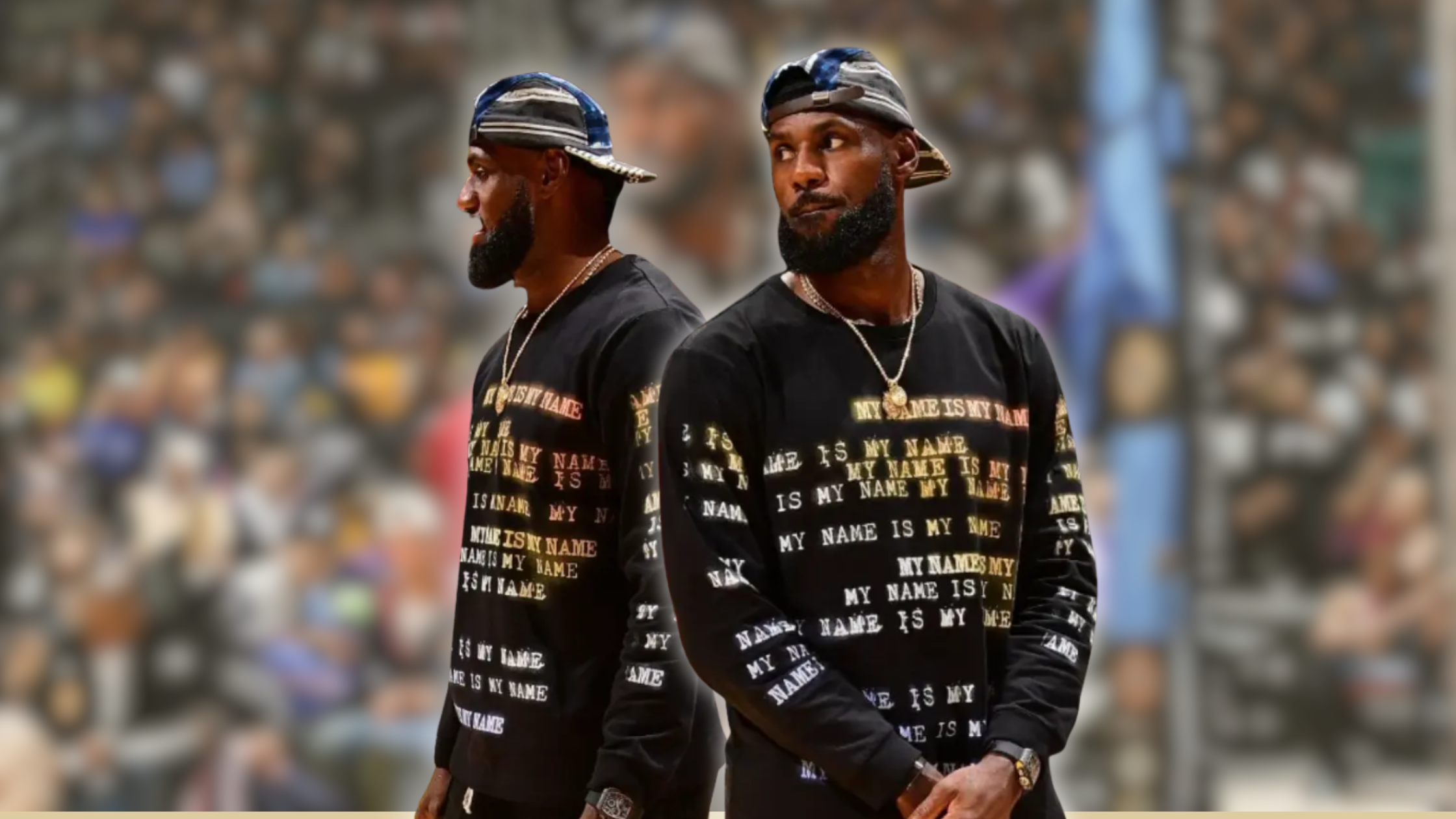 LeBron James wearing black crewneck â€œMY NAME IS MY NAMEâ€ sweatshirt with yellow/gold print during Los Angeles Lakers preseason 2025 game at Crypto.com Arena.
