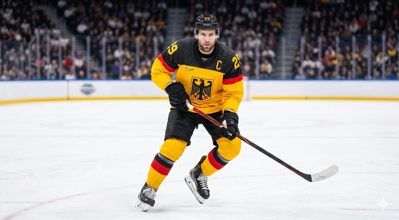 Leon Draisaitl 2026 Winter Olympics Team Germany yellow and black ice hockey jersey with red accent stripe and Bundesadler crest