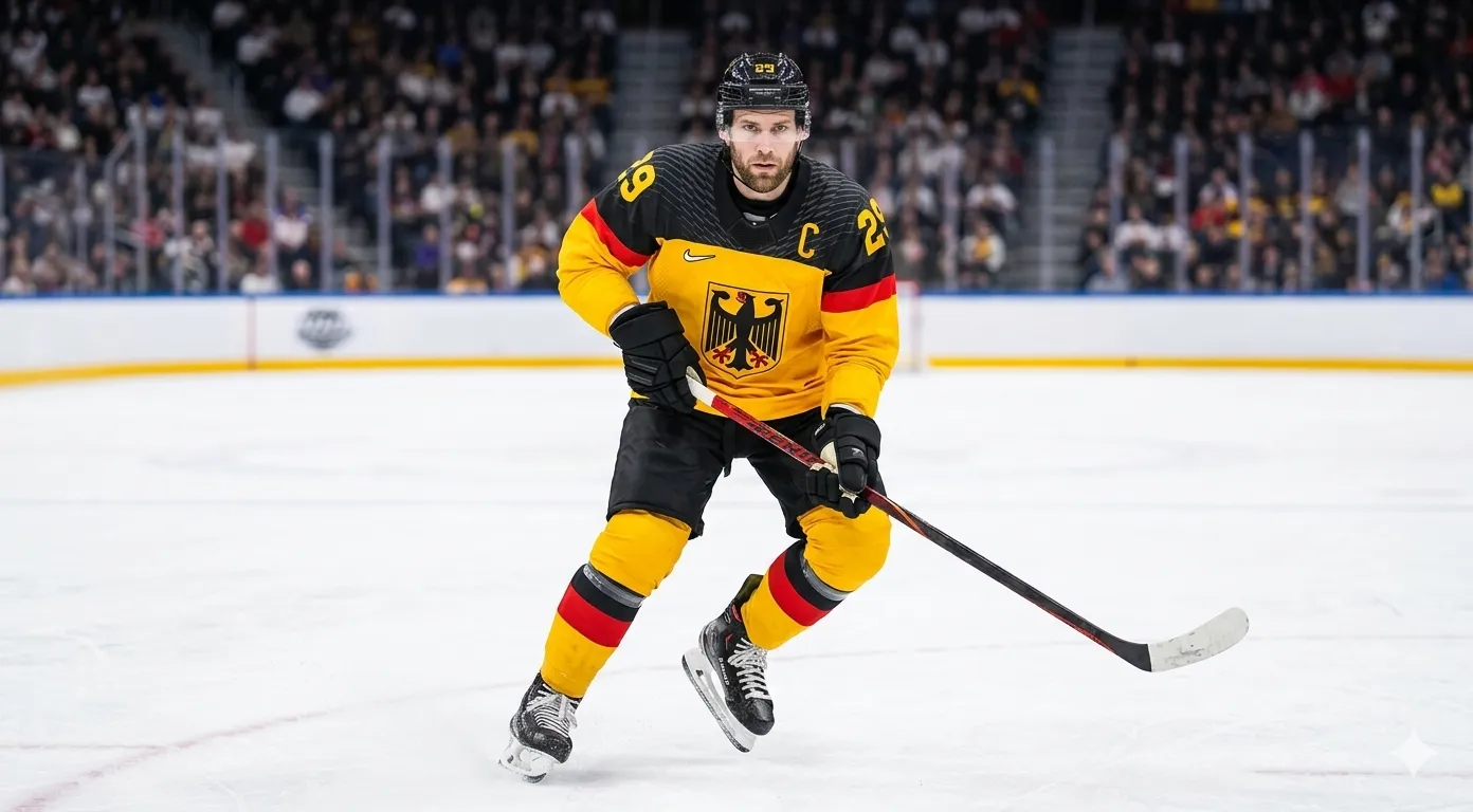 Leon Draisaitl 2026 Winter Olympics Team Germany yellow and black ice hockey jersey with red accent stripe and Bundesadler crest