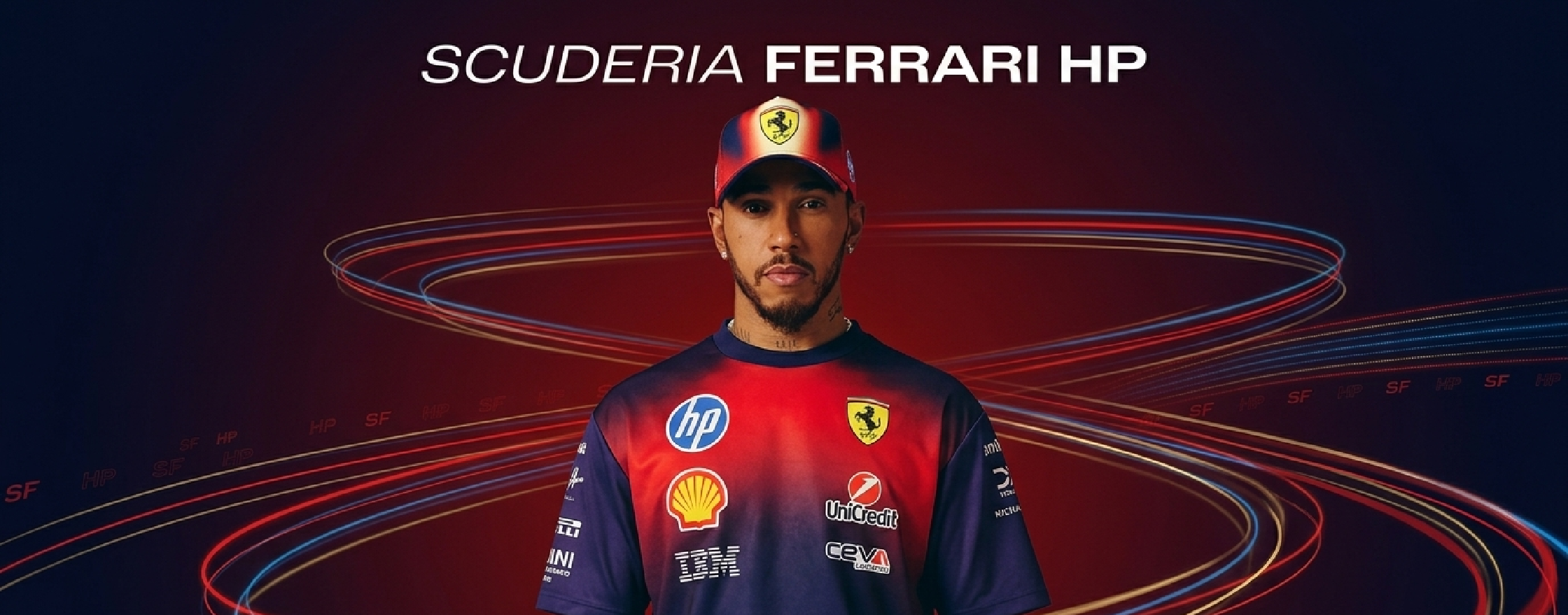 Lewis Hamilton F1 Grand Prix Of China T-Shirt with Gradient Crimson to Yellow and Printed Sponsor Logos