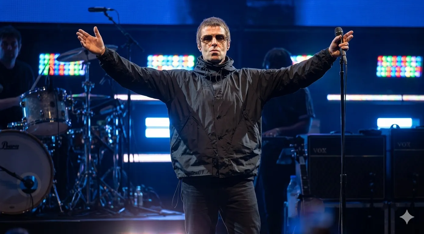 Liam Gallagher Oasis Live 25 World Tour black parka jacket at Rose Bowl concert