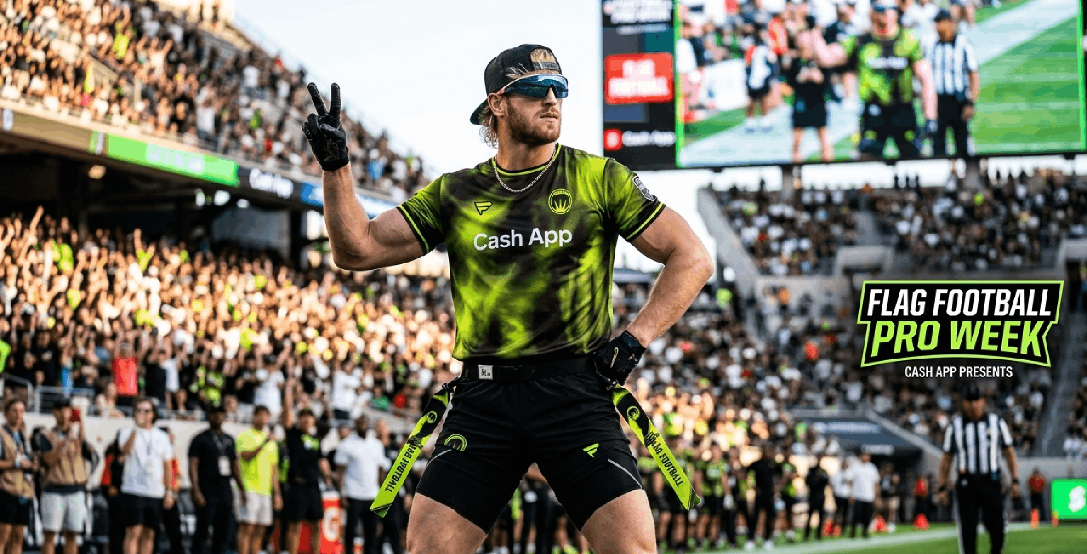 Logan Paul Fanatics Flag Football Classic 2026 Neon Green Jersey with Cash App Logo and smoke-effect design