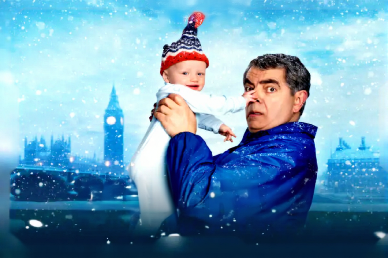 Rowan Atkinson as Trevor Bingley wearing bright blue cerulean jacket with pointed collar and elastic cuffs in Man vs Baby 2025