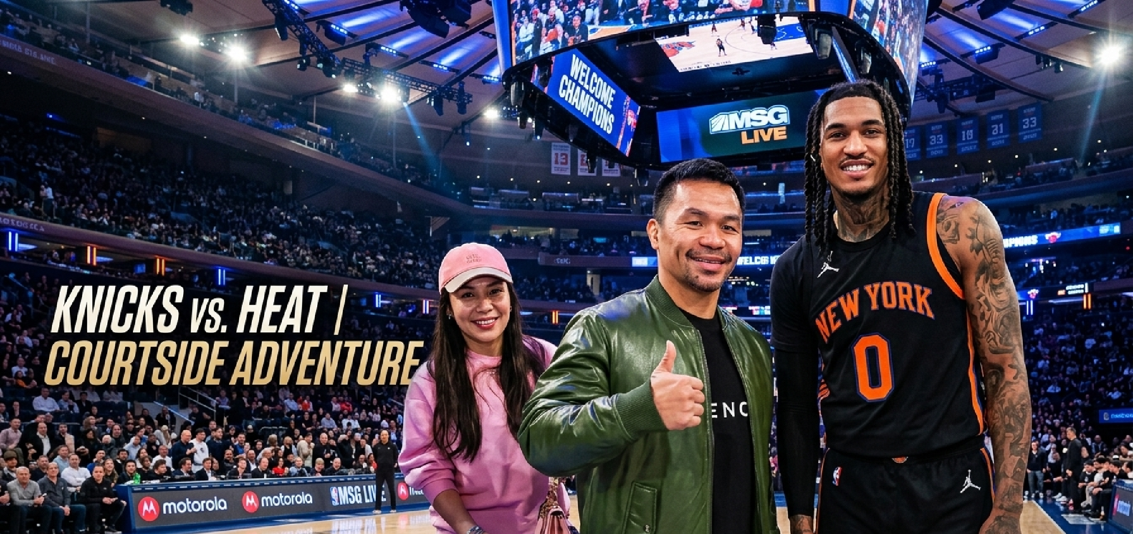 Manny Pacquiao Raptors vs Knicks olive green leather bomber jacket courtside 2026 MA-1 style