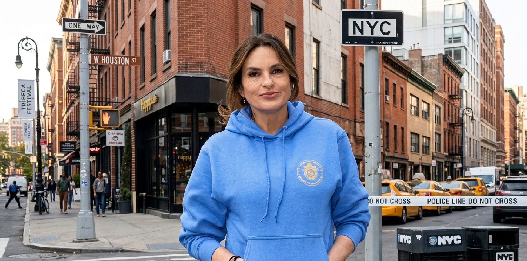 Mariska Hargitay NYC blue hoodie with SVU shield emblem and kangaroo pocket