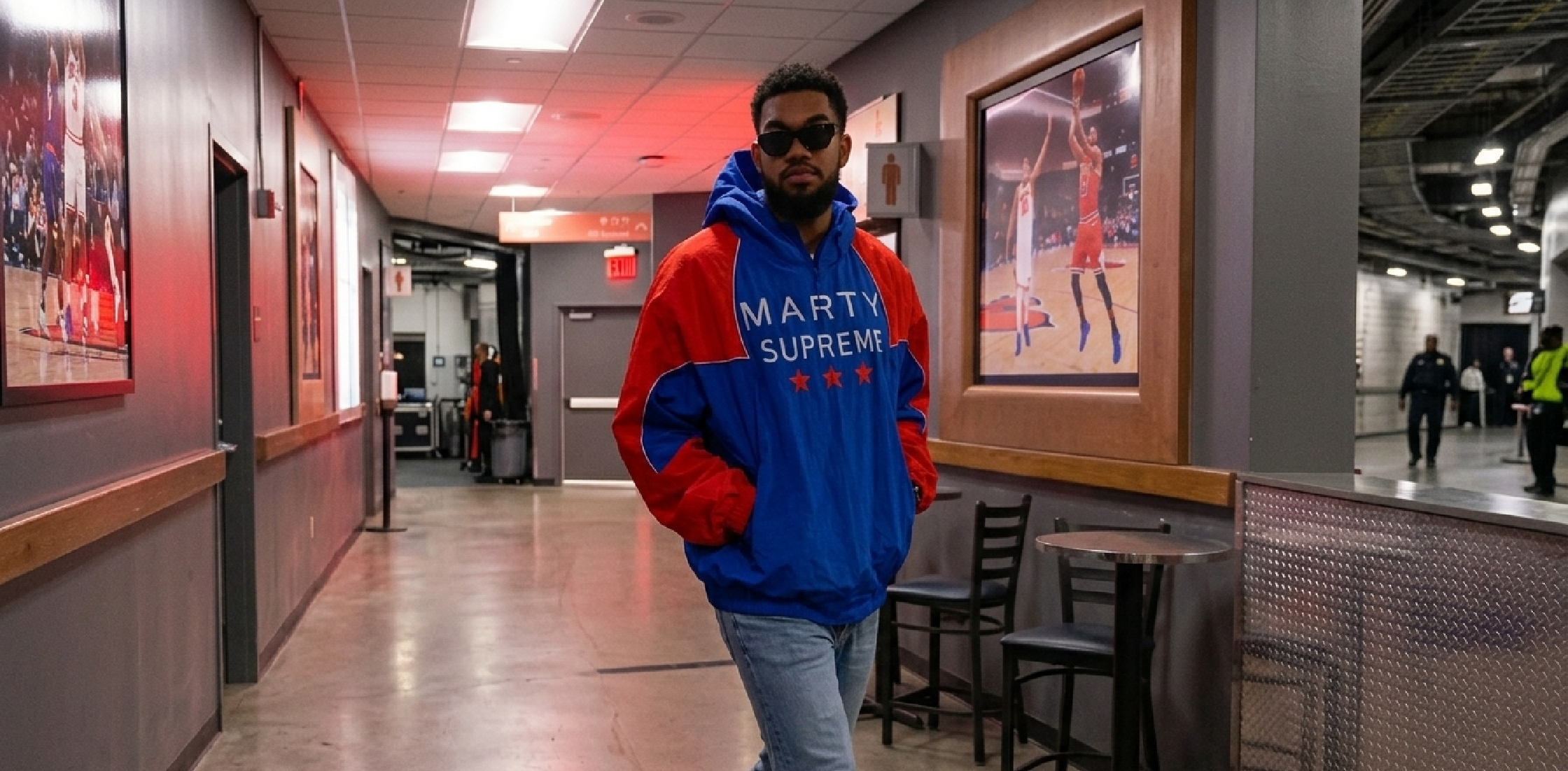 Marty Supreme Blue oversized hooded windbreaker jacket with royal blue and orange color blocking, white graphic text and star design