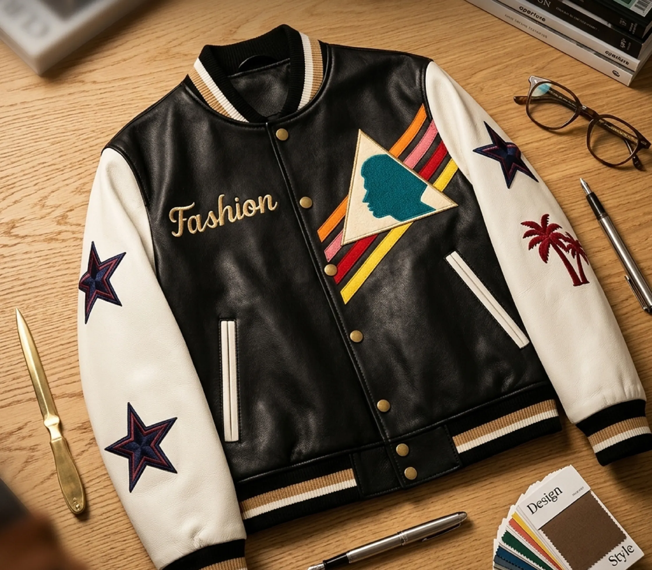 Men’s Multi-Color Triangle Leather Varsity Jacket with black wool body, white leather sleeves, and bold fashion graphic patches