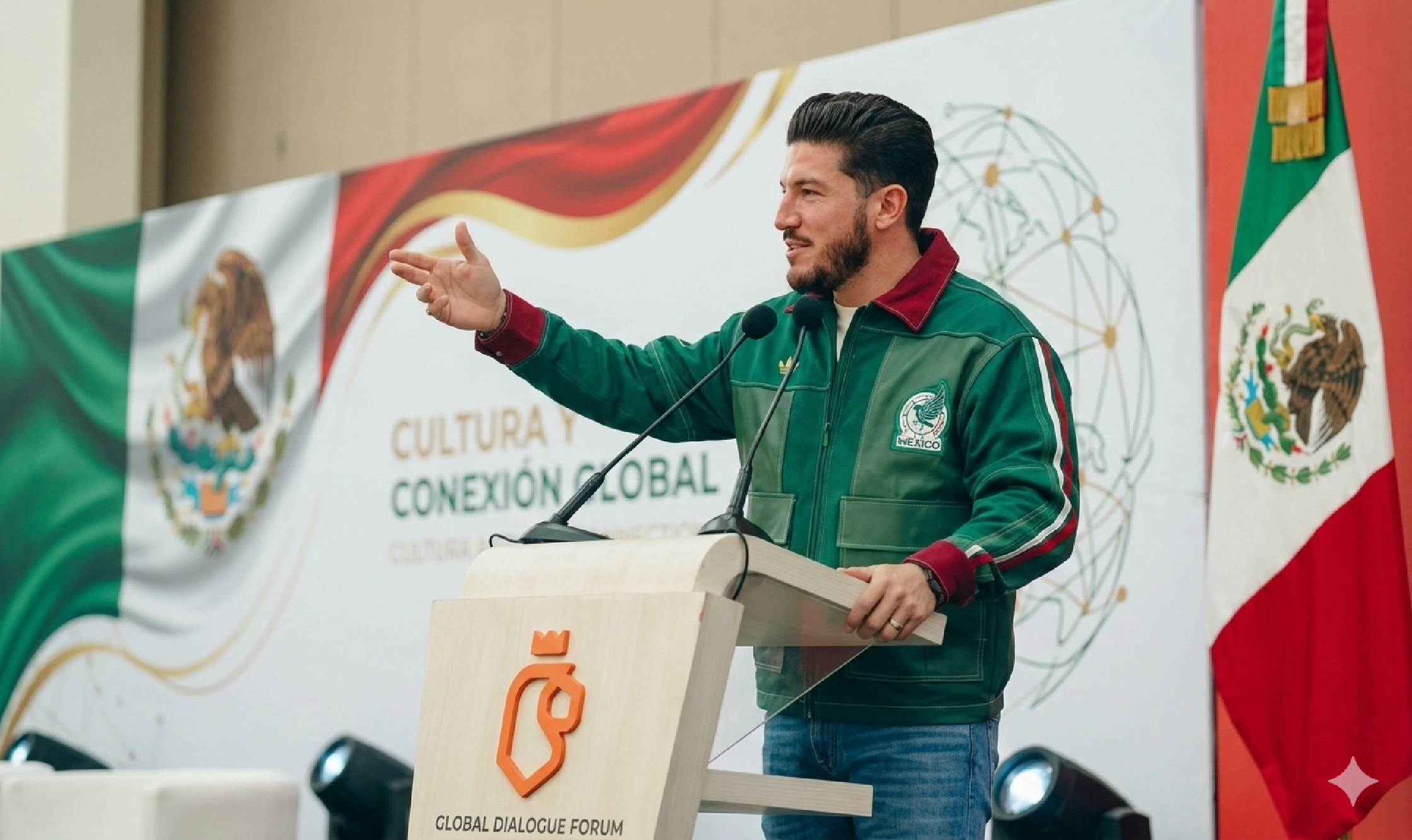 Mexico 2026 Adidas Worker Jacket in green with burgundy collar, tricolor sleeve stripes, cargo pockets, and Mexico National Football Team crest