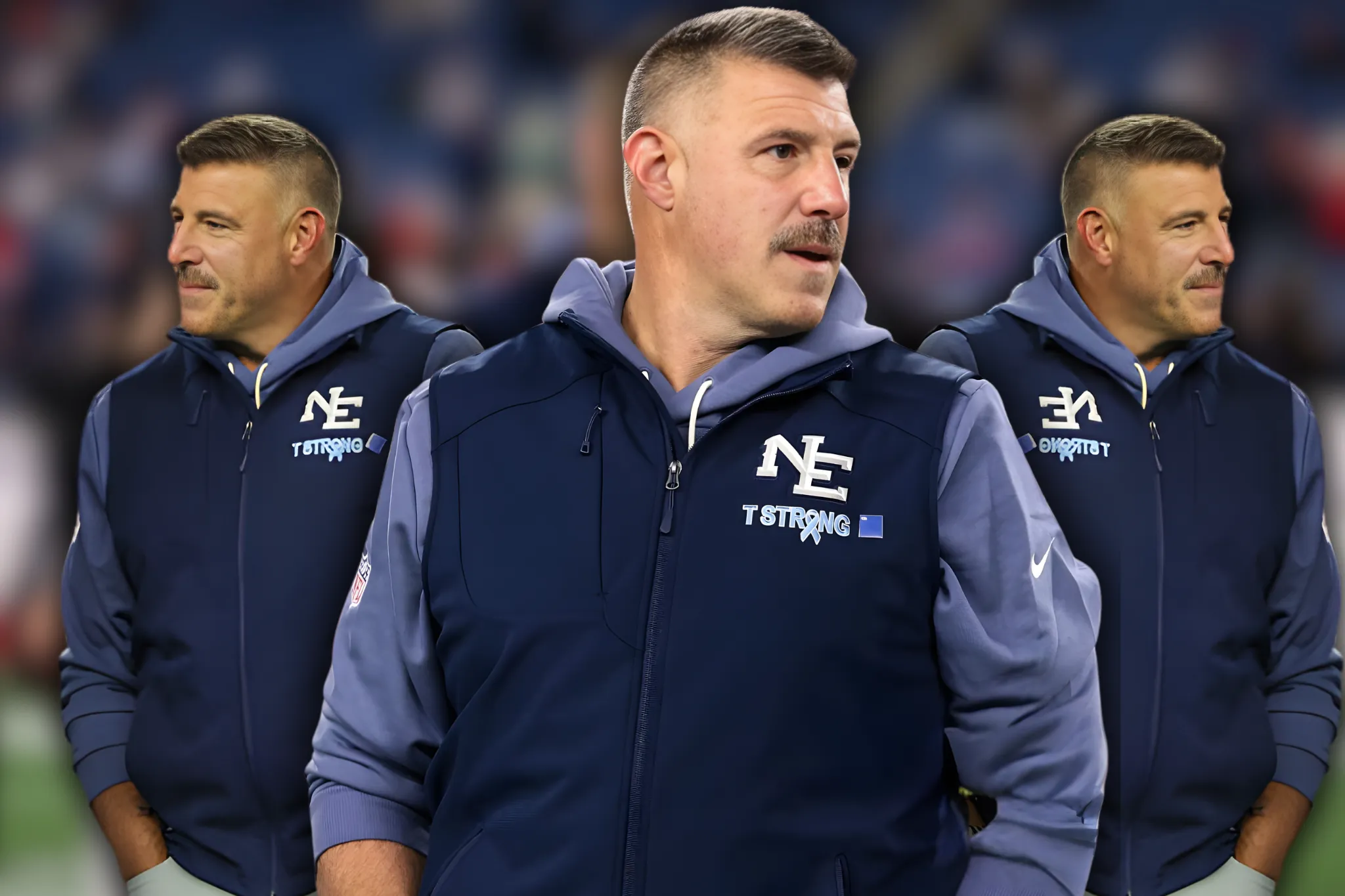 Mike Vrabel in Navy Sideline Vest at the New York Jets vs New England Patriots Game NFL 2025