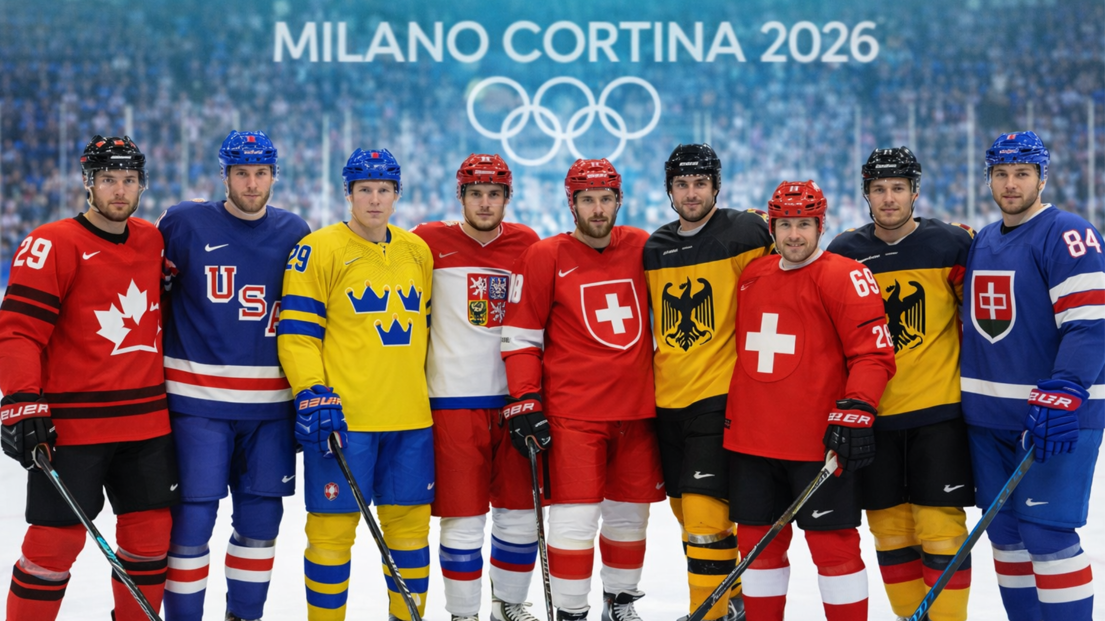 Ice hockey players from Canada, USA, Sweden, Czech Republic, Switzerland, Germany, Finland, and Slovakia pose together in national jerseys beneath the Milano Cortina 2026 Olympic banner inside a packed arena.