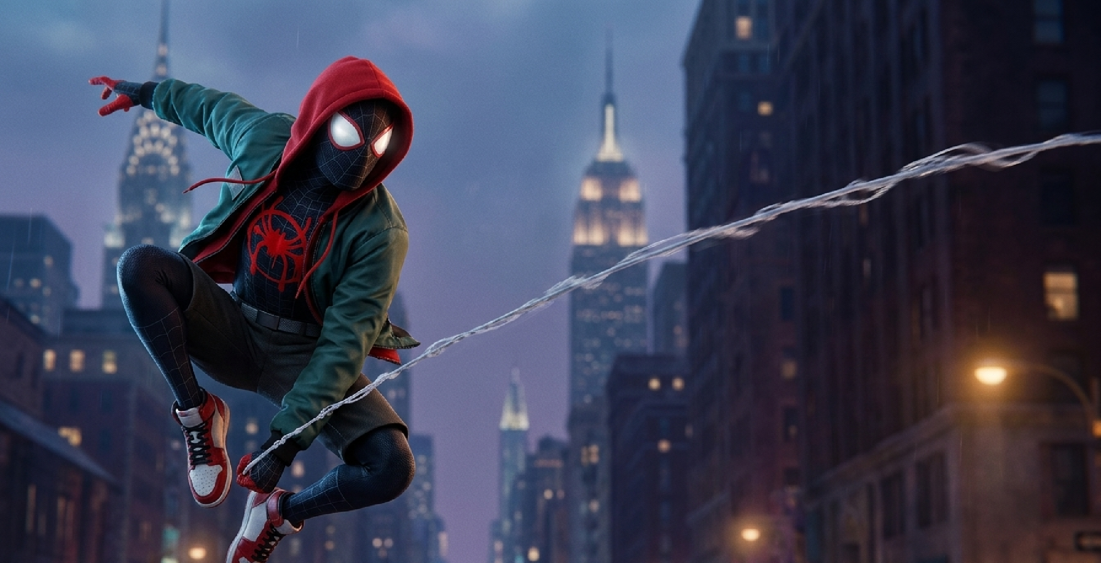 Miles Morales green bomber jacket with red hoodie Spider-Verse streetwear style