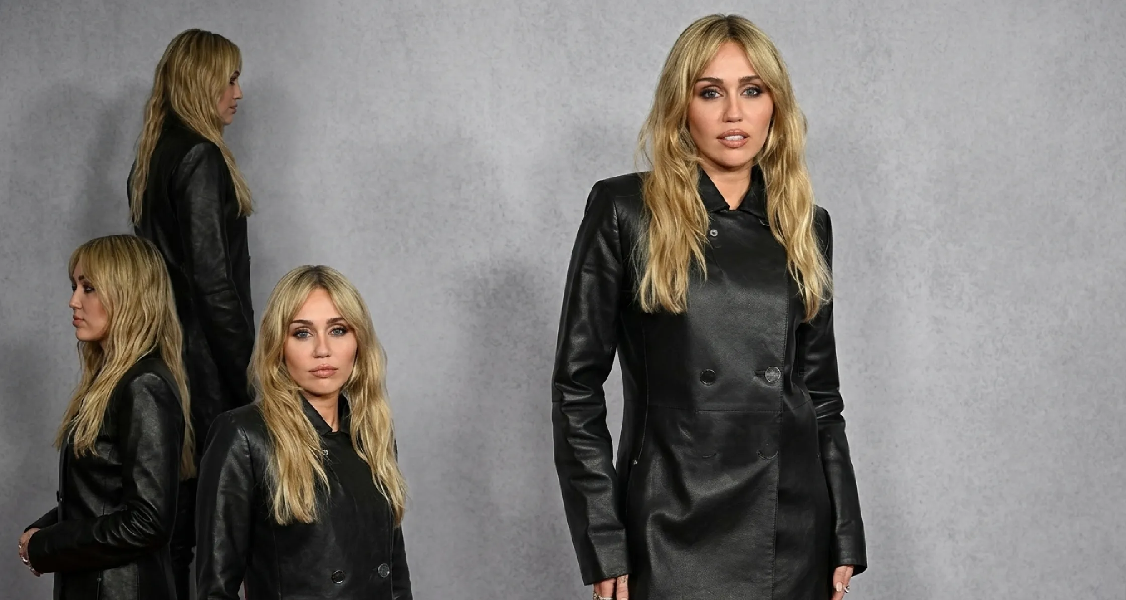Miley Cyrus black leather double-breasted coat at iHeartRadio Music Awards 2026