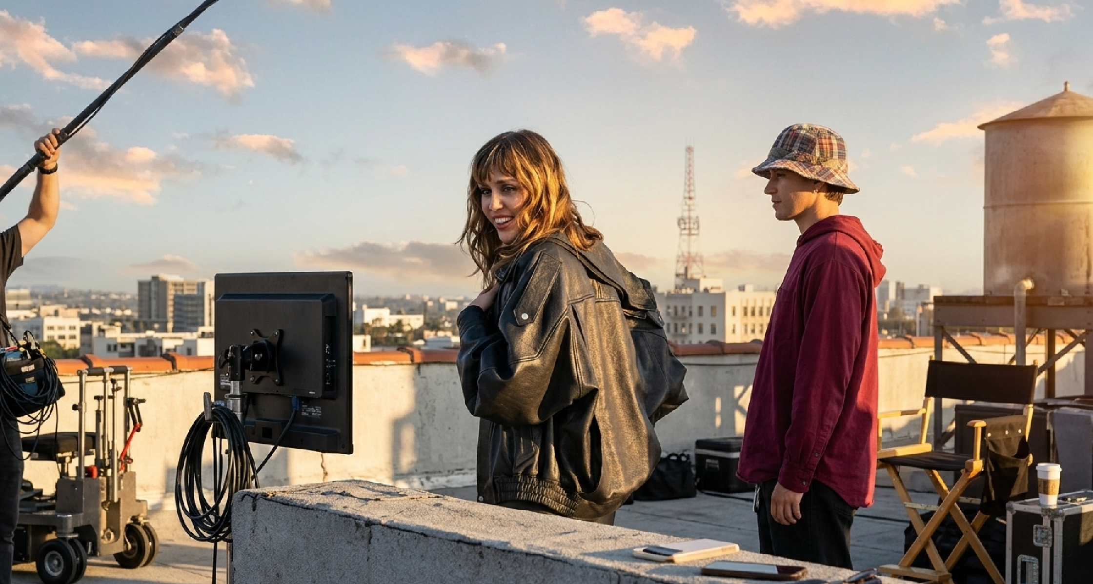 Miley Cyrus oversized black leather jacket from Maybelline rooftop photoshoot in New York