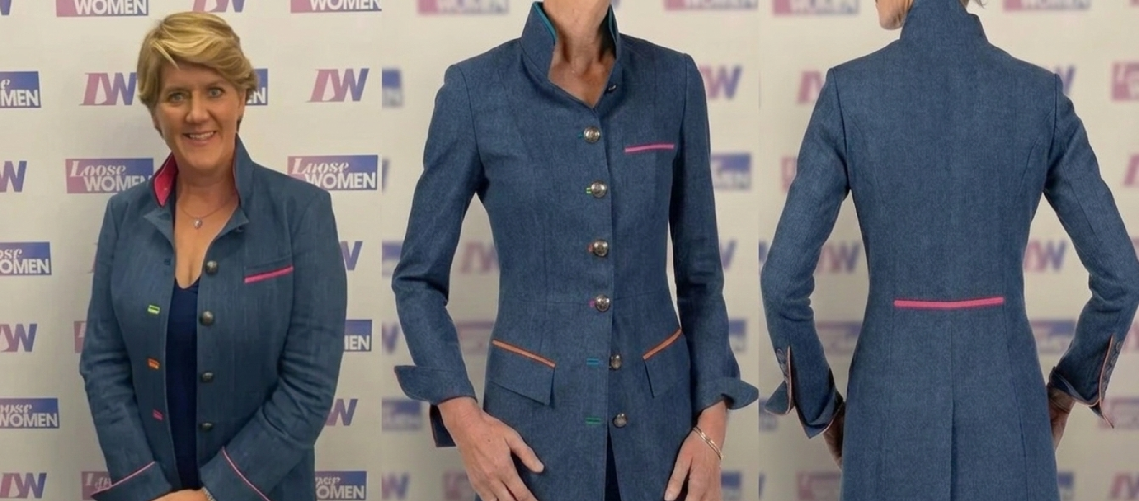 Clare Balding wearing a long blue denim jacket with jewel neckline, high mandarin collar, silver buttons with red, yellow, and blue accents, striped flap waist pockets, and pink-yellow inner lining, designed by Beatrice von Tresckow.