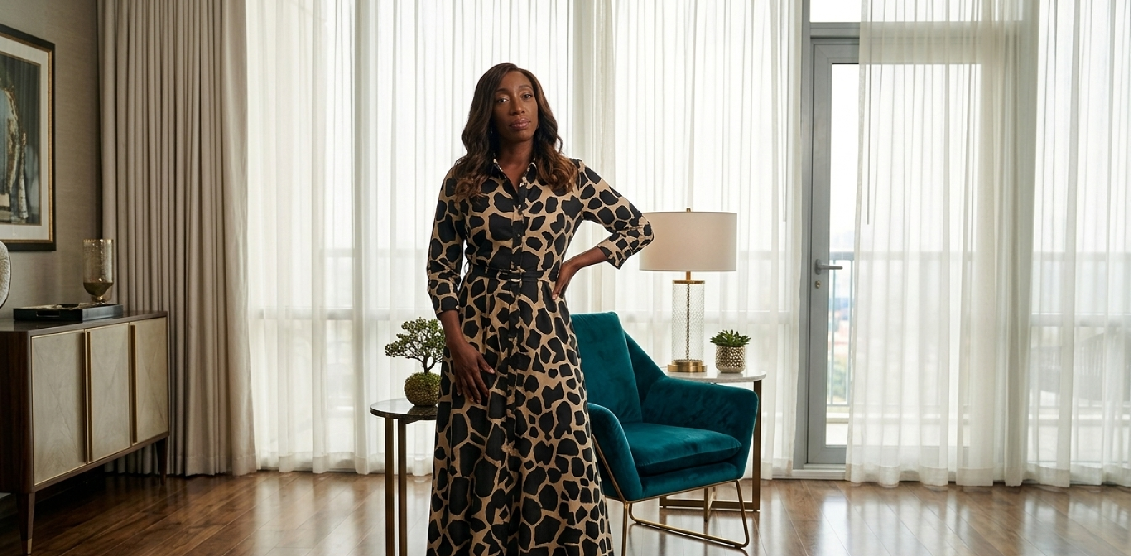 Nikki Amuka-Bird wearing Max Mara ARABBA giraffe-print midi shirt dress in I Jack Wright 2025 episode