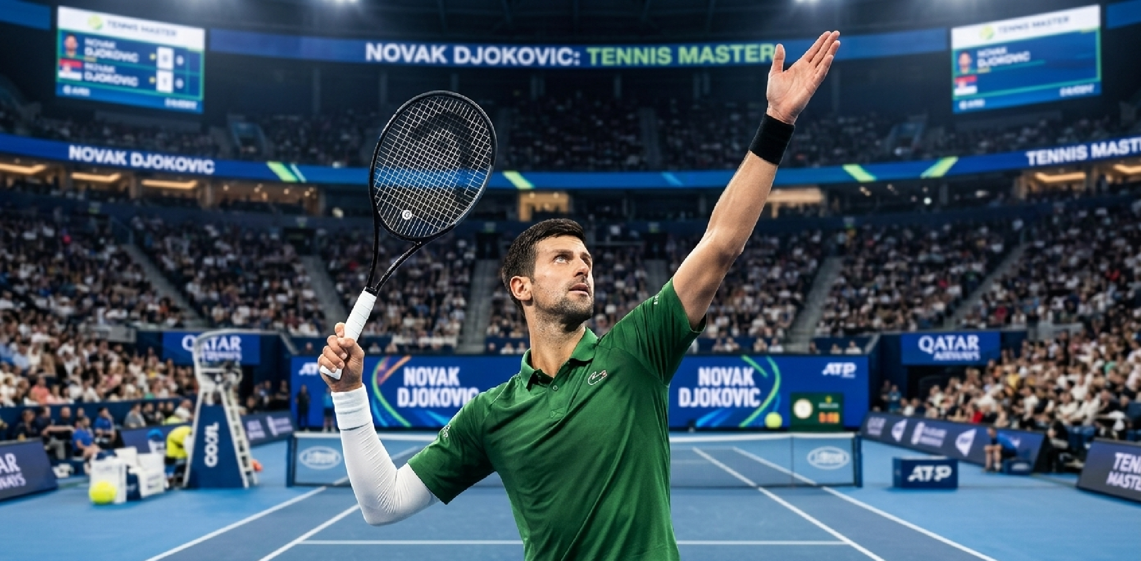 Novak Djokovic Hellenic Championship ATP green polo shirt with sponsor logos and Lacoste crocodile