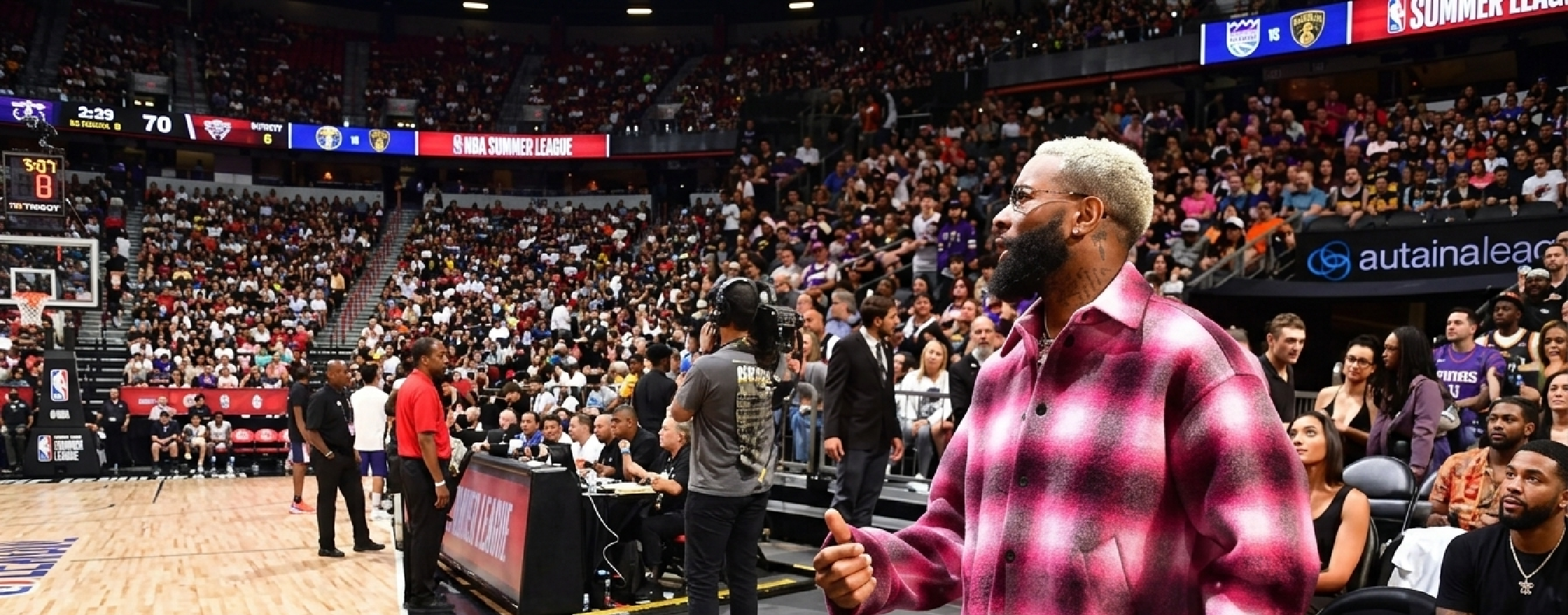 Odell Beckham Jr. Denver Nuggets vs Phoenix Suns ombre pink plum plaid shacket, oversized streetwear style