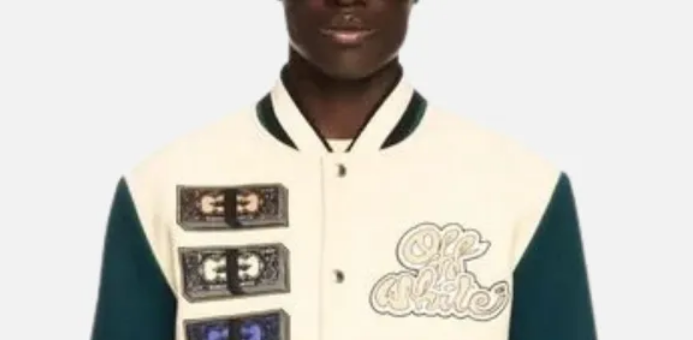 Off-White Cash Wool Reg Varsity Jacket with green sleeves and bold money graphics