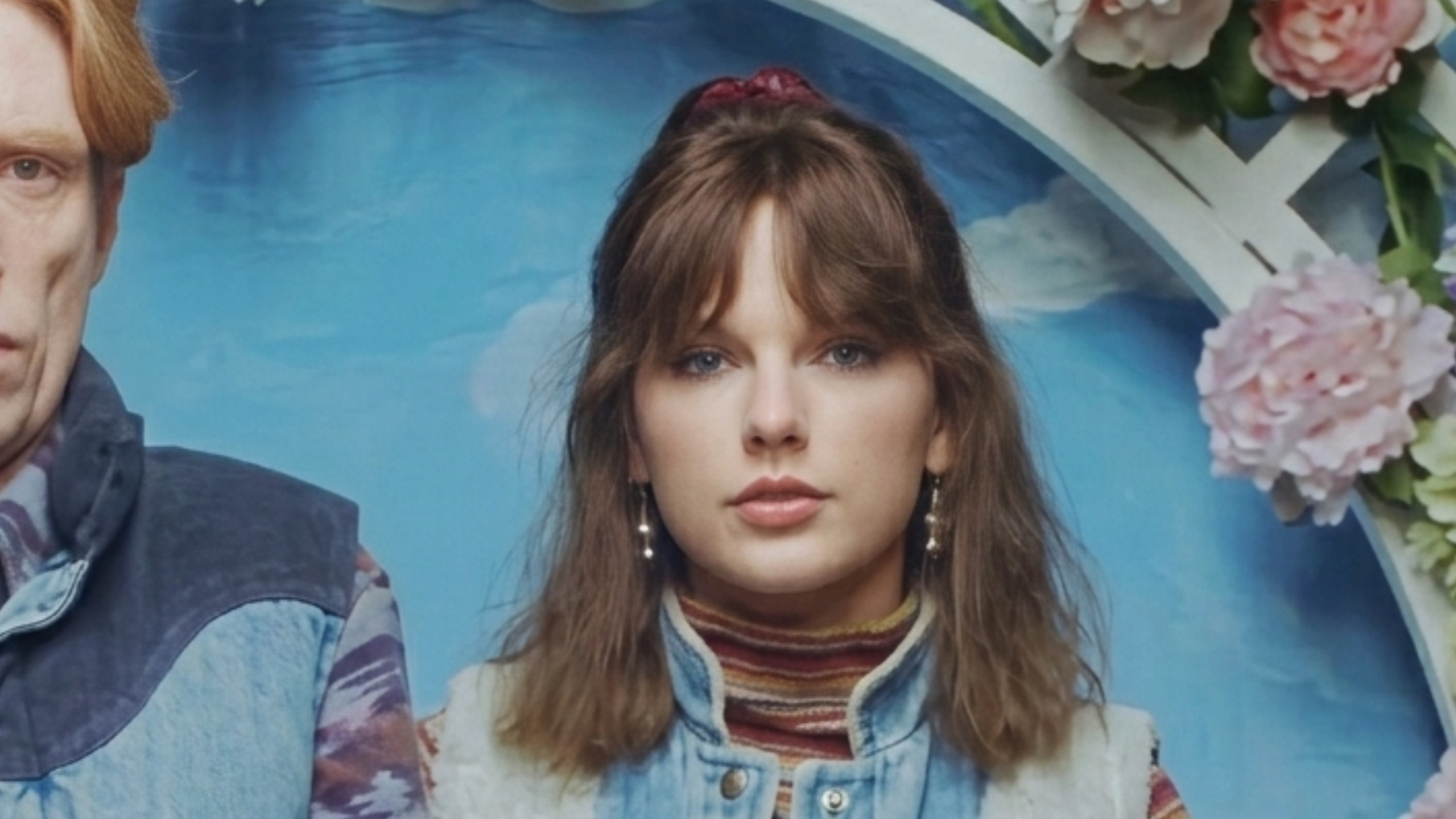 Taylor Swift wearing two-tone medium-wash denim vest with cream sherpa lining in Opalite music video