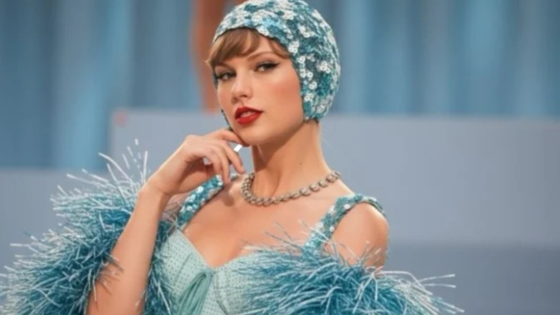 Taylor Swift poses elegantly in a teal sequined headscarf and matching feather-trim dress in the Opalite music video, showcasing vintage glam with bold red lipstick and classic 90s-inspired styling.