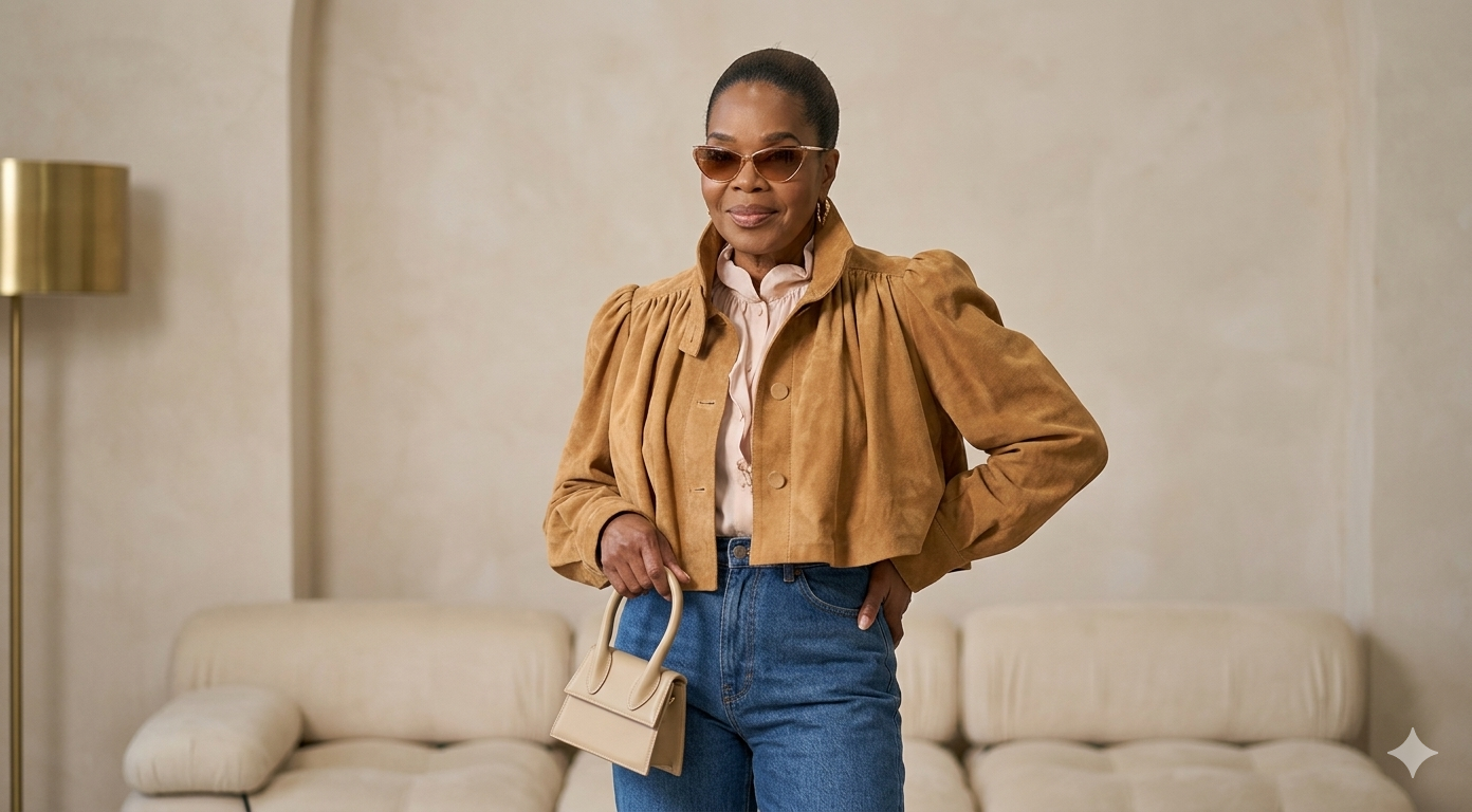 Oprah Winfrey Paris Fashion Week 2026 camel suede cropped jacket with funnel collar and puff sleeves
