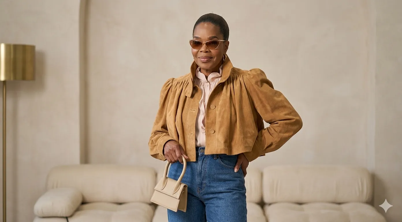 Oprah Winfrey Paris Fashion Week 2026 camel suede cropped jacket with funnel collar and puff sleeves