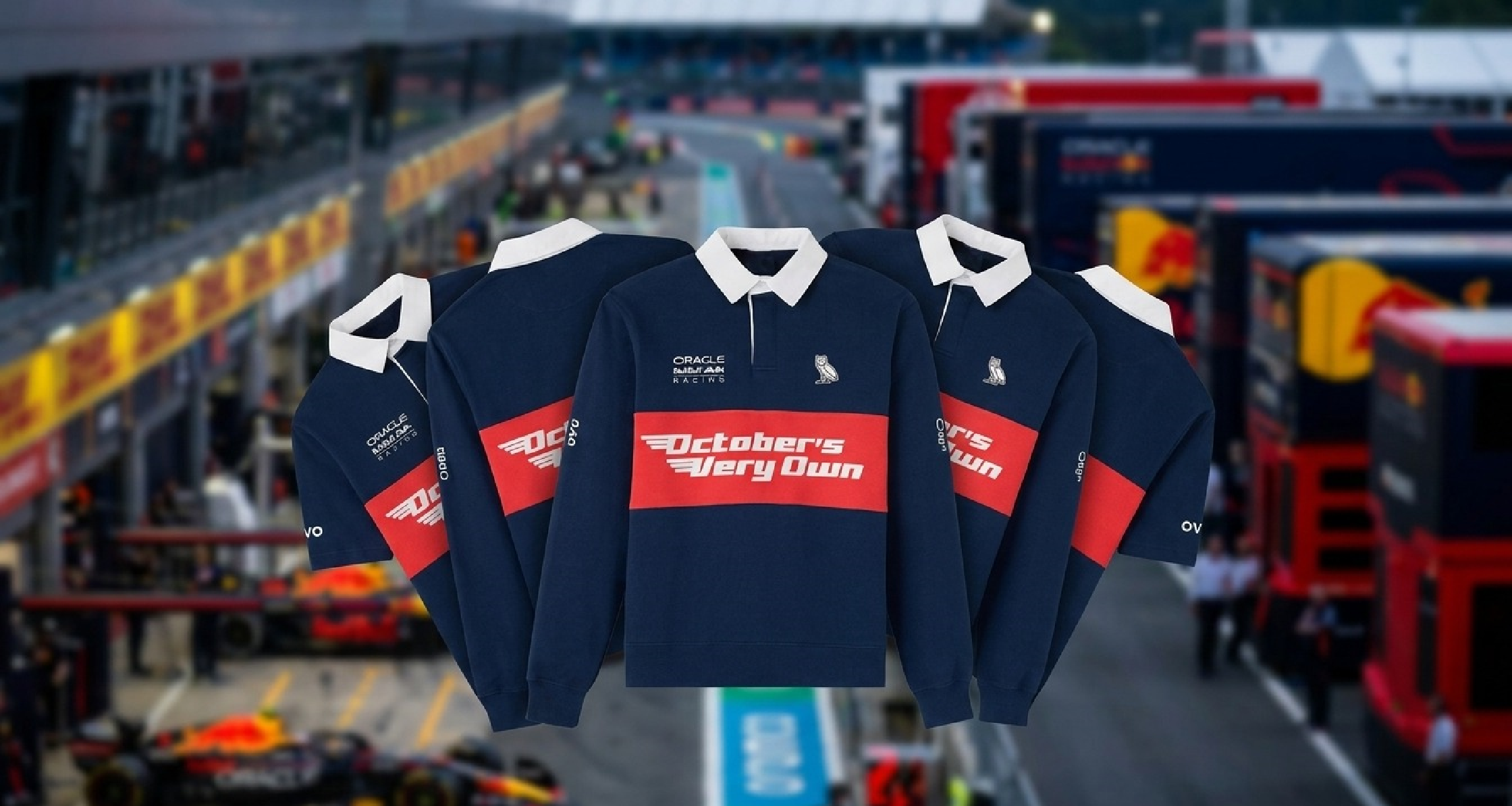 OVO x Red Bull Racing fleece rugby sweatshirt navy blue with red stripe and white collar