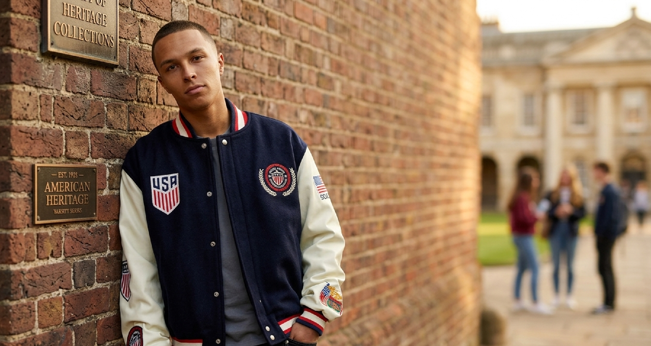 Pacsun U.S. Soccer x Jeff Hamilton navy and white varsity jacket with USA shield patch and leather sleeves