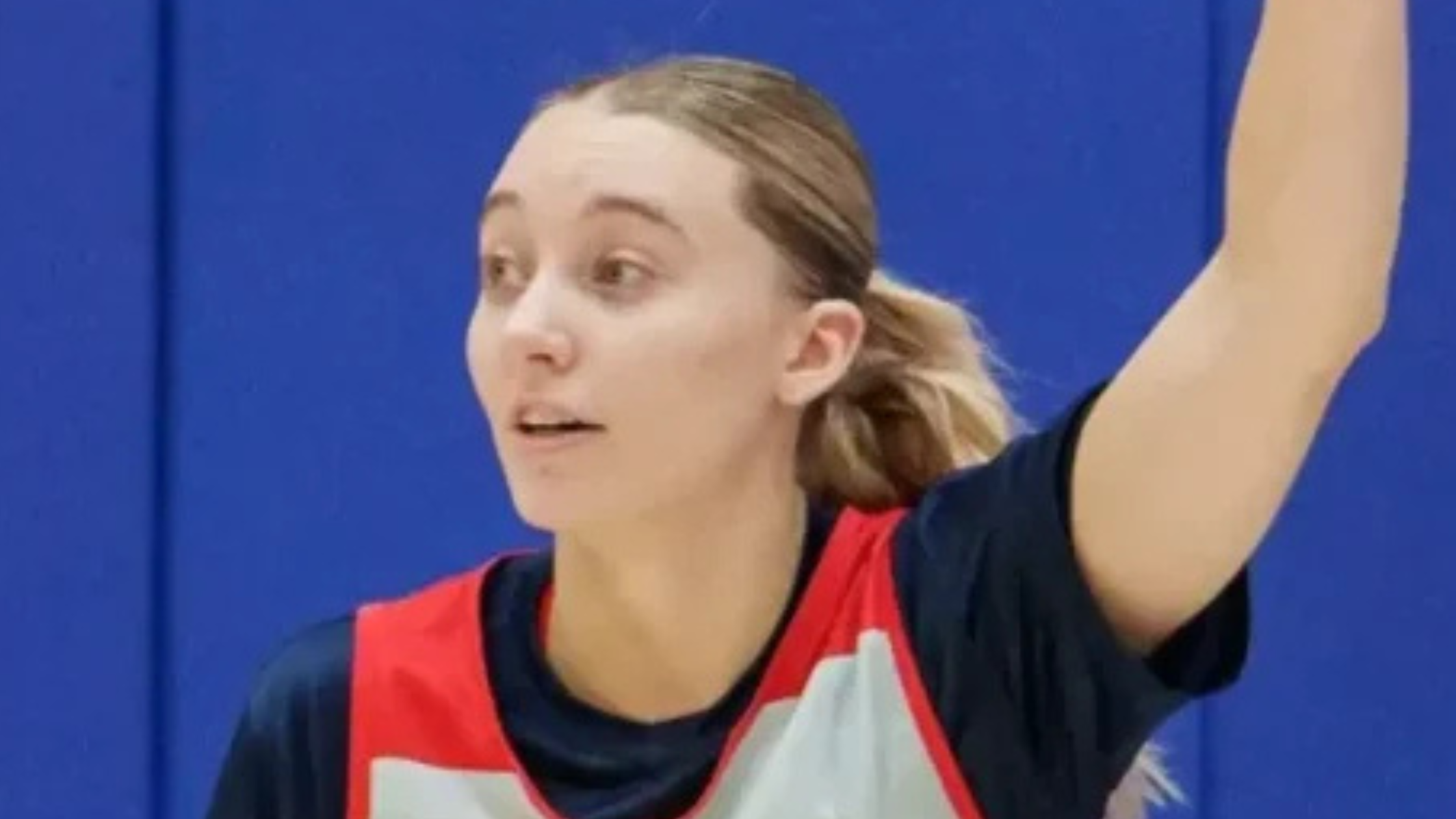 Paige Bueckers Team USA women’s basketball jersey in white with red and blue accents, bold USA lettering on the front and number 19 with Bueckers name on the back.