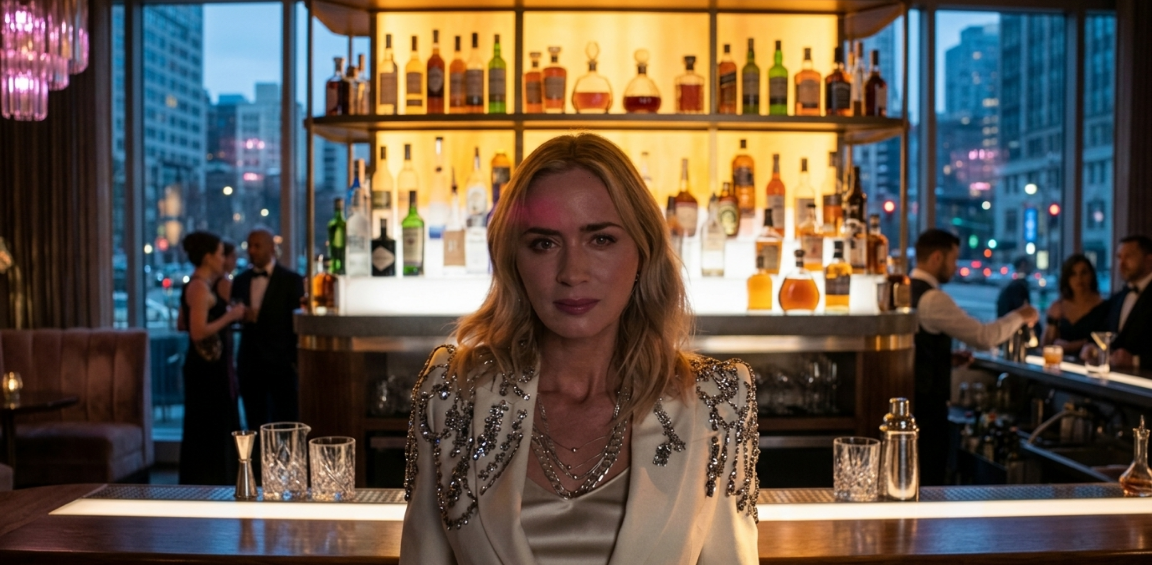 Emily Blunt Pain Hustlers 2023 white crystal embellished blazer with structured shoulders and chandelier-style beaded detailing