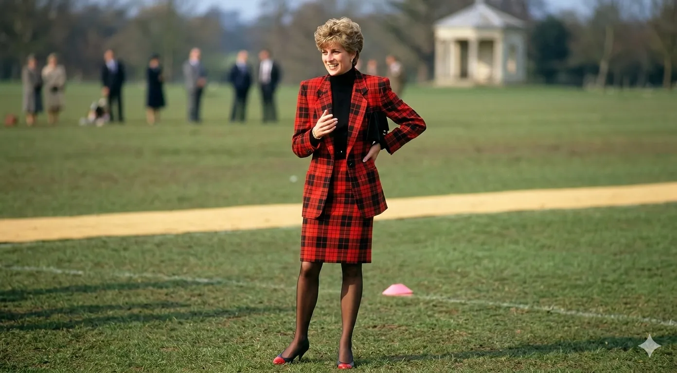Princess Diana red and black tartan blazer with structured shoulders, notched lapel, and 1980s boxy tailored fit