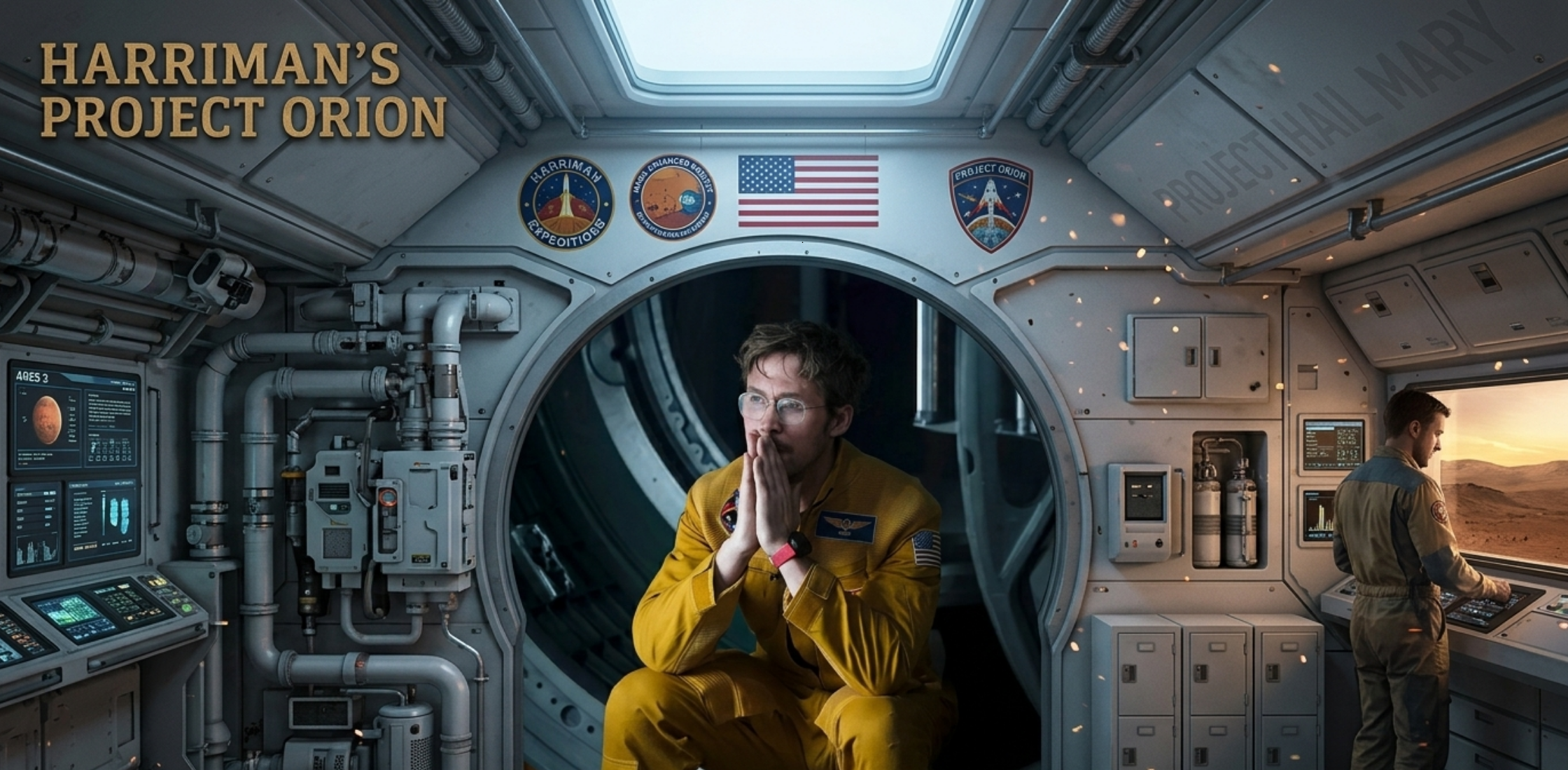 Ryan Gosling Project Hail Mary Yellow Jumpsuit with mission patches and quilted yoke