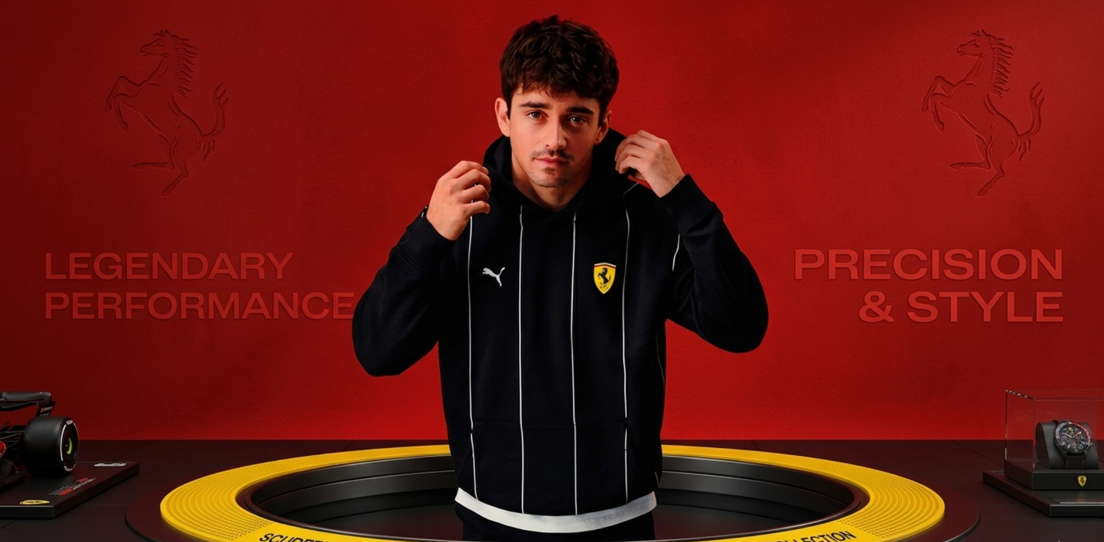 Puma Scuderia Ferrari HP Race Premium Hoodie in red and black with pinstripe design, Puma logo and Ferrari shield branding, motorsport streetwear style.