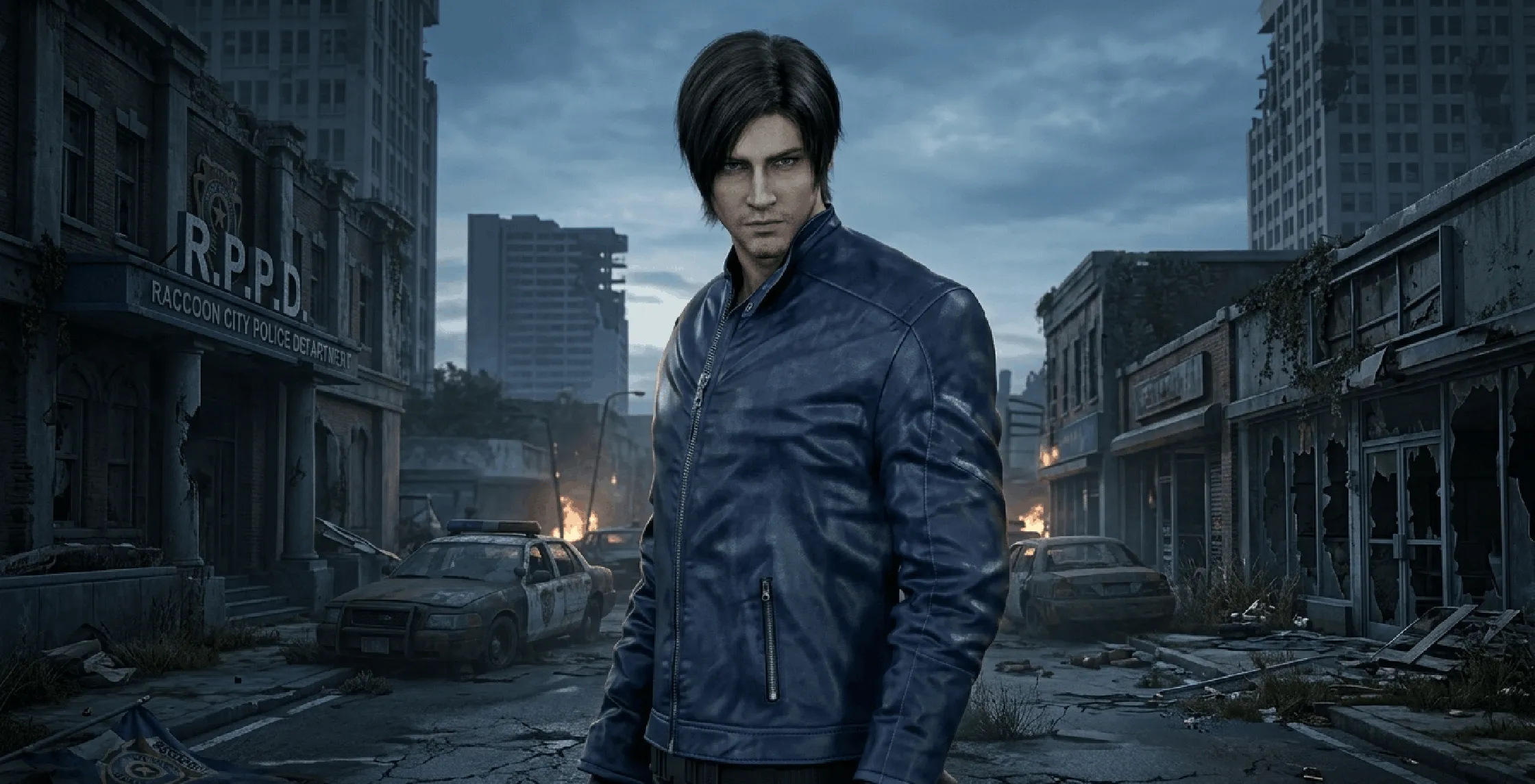 Resident Evil Death Island Leon Kennedy blue café racer leather jacket tactical style front view