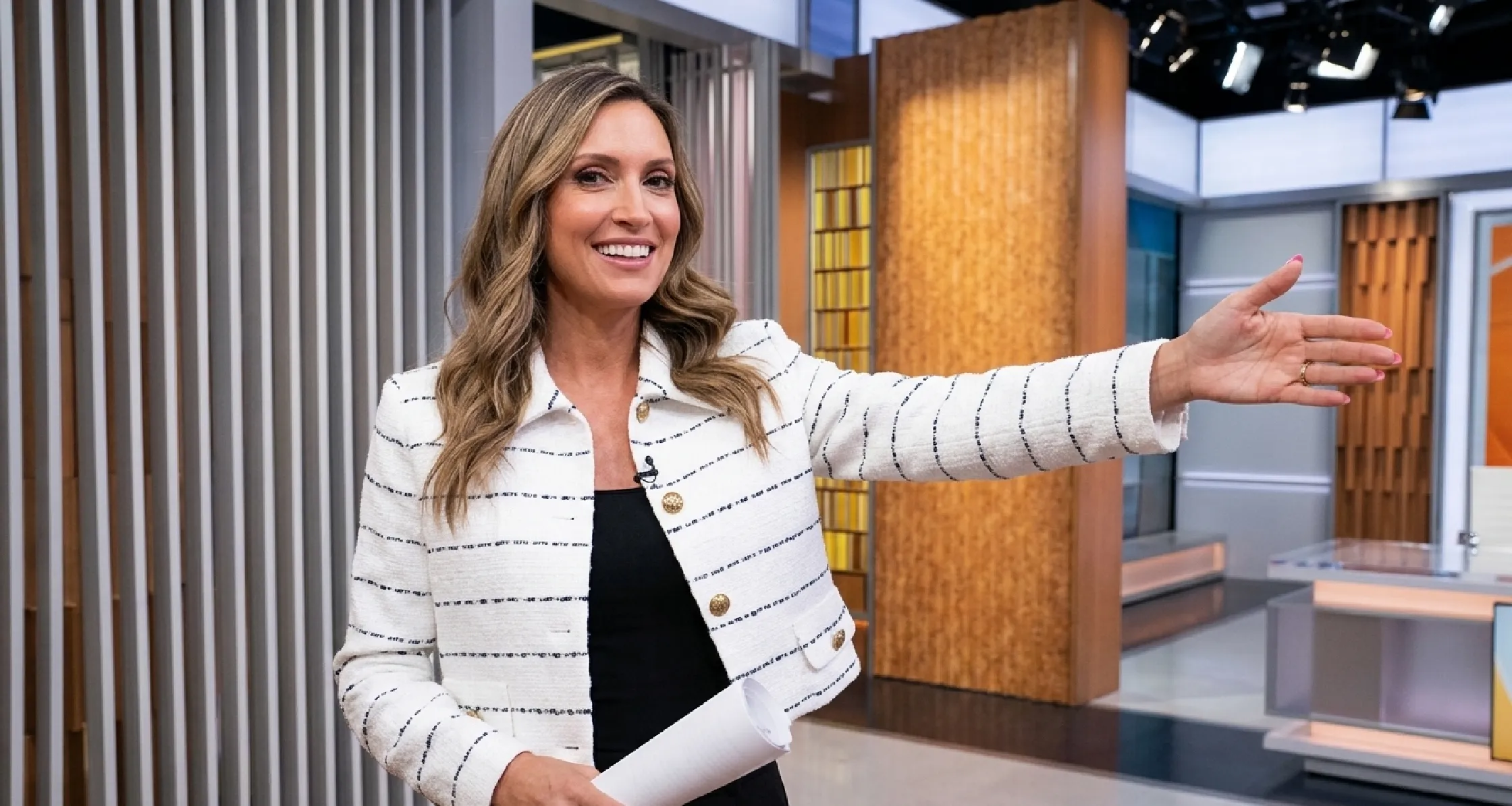 Rhiannon Ally White Cropped Tweed Jacket with Black Stripe, GMA March 2026