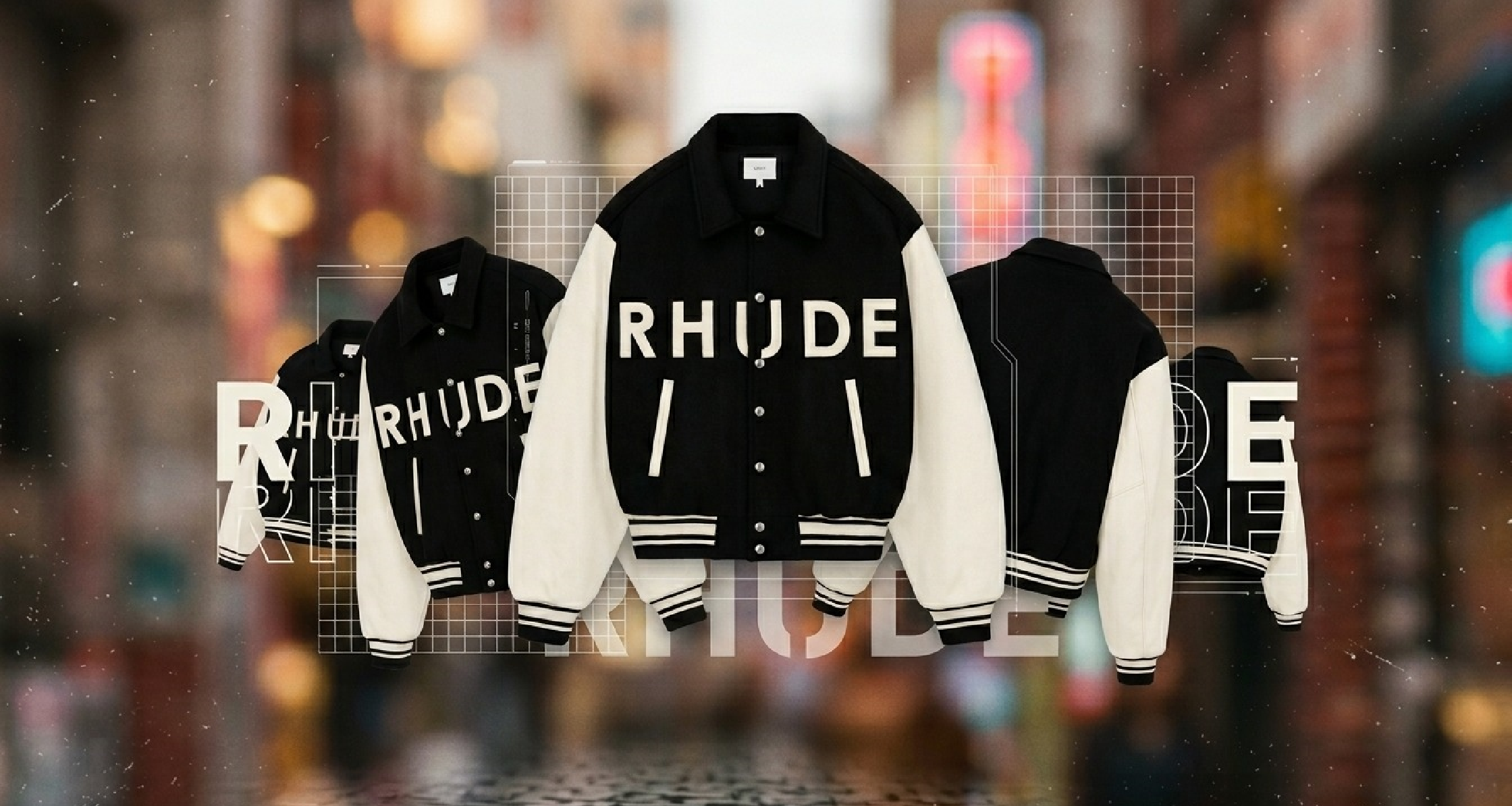 RHUDE Collegiate Varsity Jacket black wool body with cream oversized sleeves and flat collar