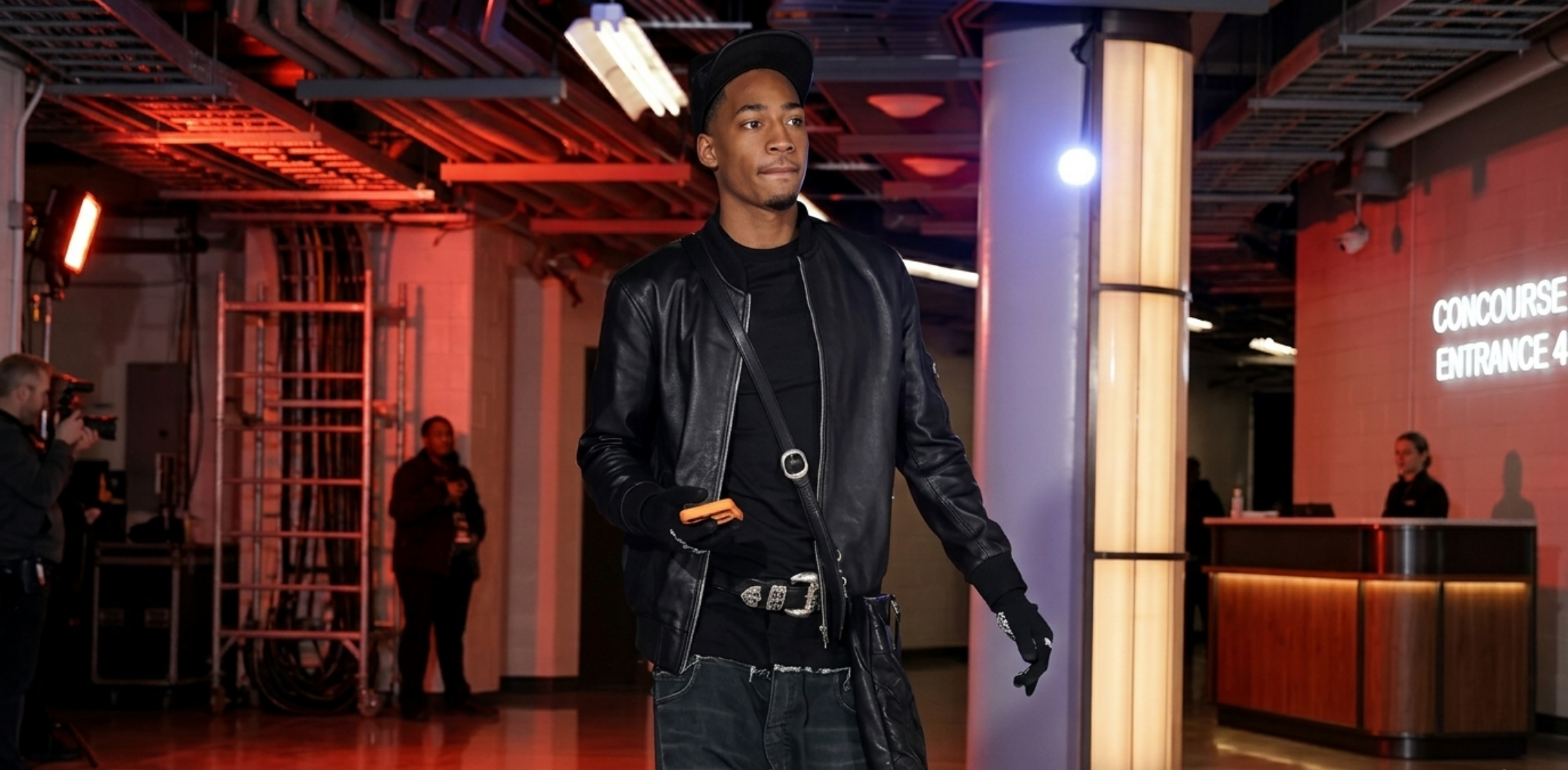 Rob Dillingham black lambskin MA-1 bomber leather jacket inspired by Indiana Pacers vs Chicago Bulls game-day style, sleek modern streetwear look