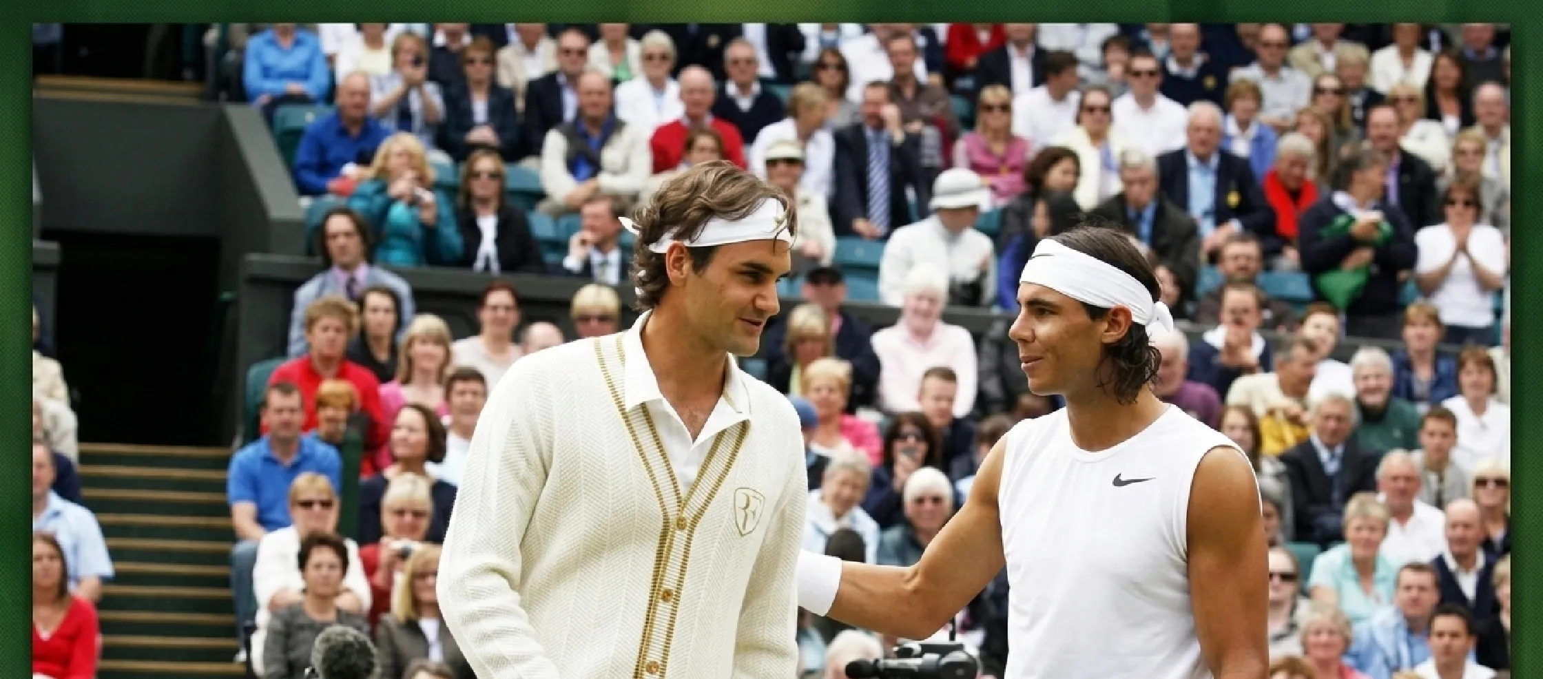 Roger Federer Wimbledon 2009 cream-and-gold cardigan with gold trim, embroidered ‘R’ emblem, and dark gold buttons, inspired by classic tennis style.