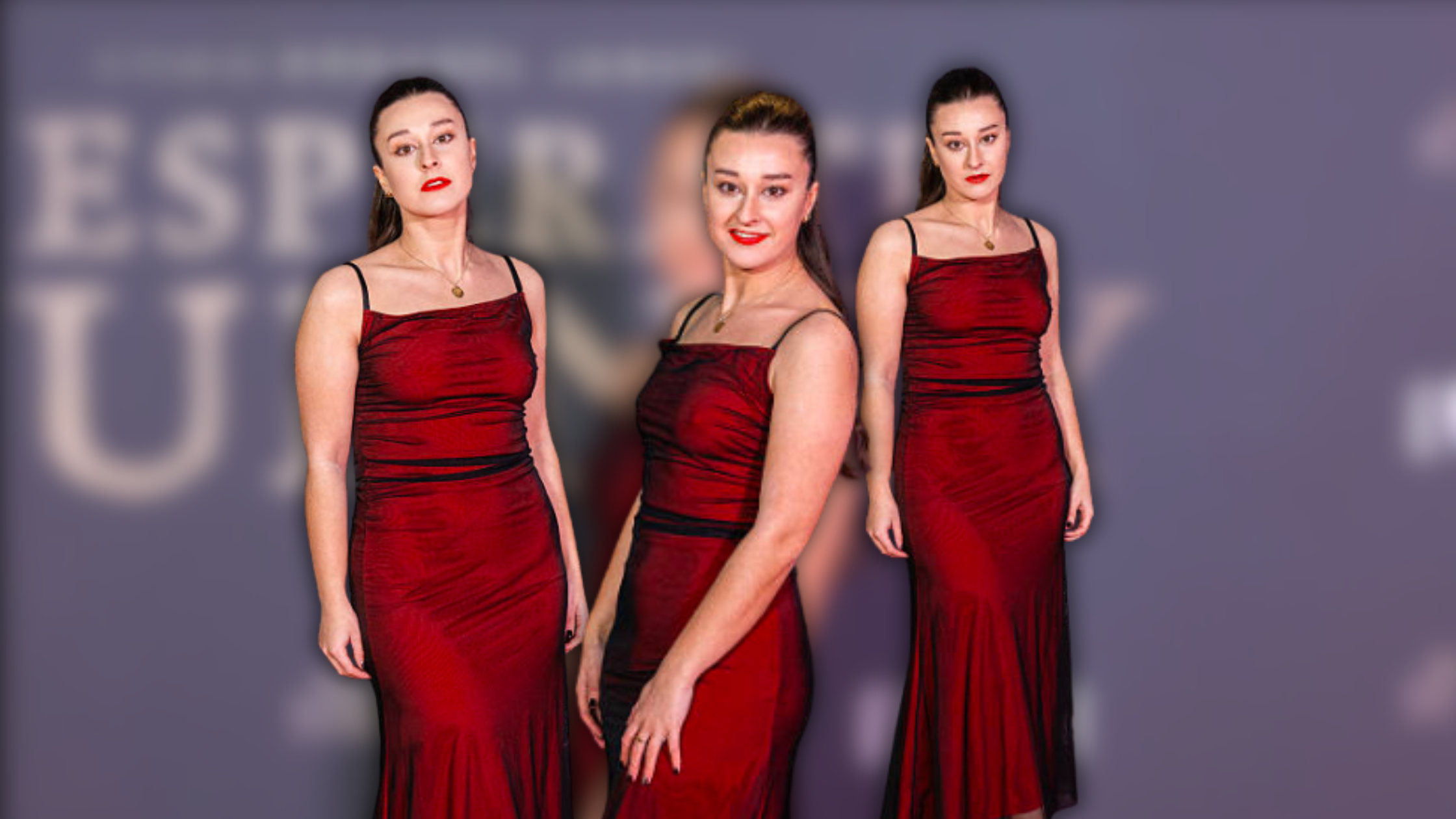 Red Carpet Fashion: Rosie Crawford in a Striking Red Formal Gown at the Desperate Journey Premiere