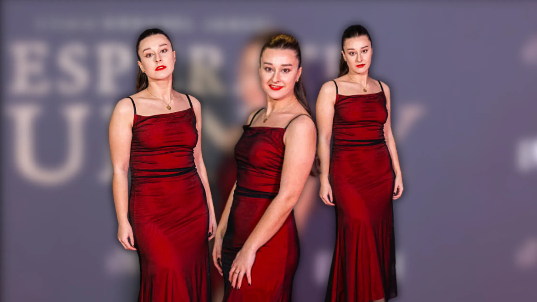 Red Carpet Fashion: Rosie Crawford in a Striking Red Formal Gown at the Desperate Journey Premiere