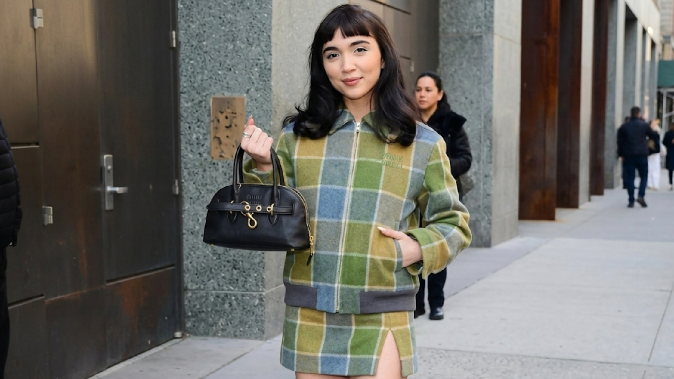 Rowan Blanchard sage green windowpane plaid wool blouson jacket with ribbed hem and cropped silhouette