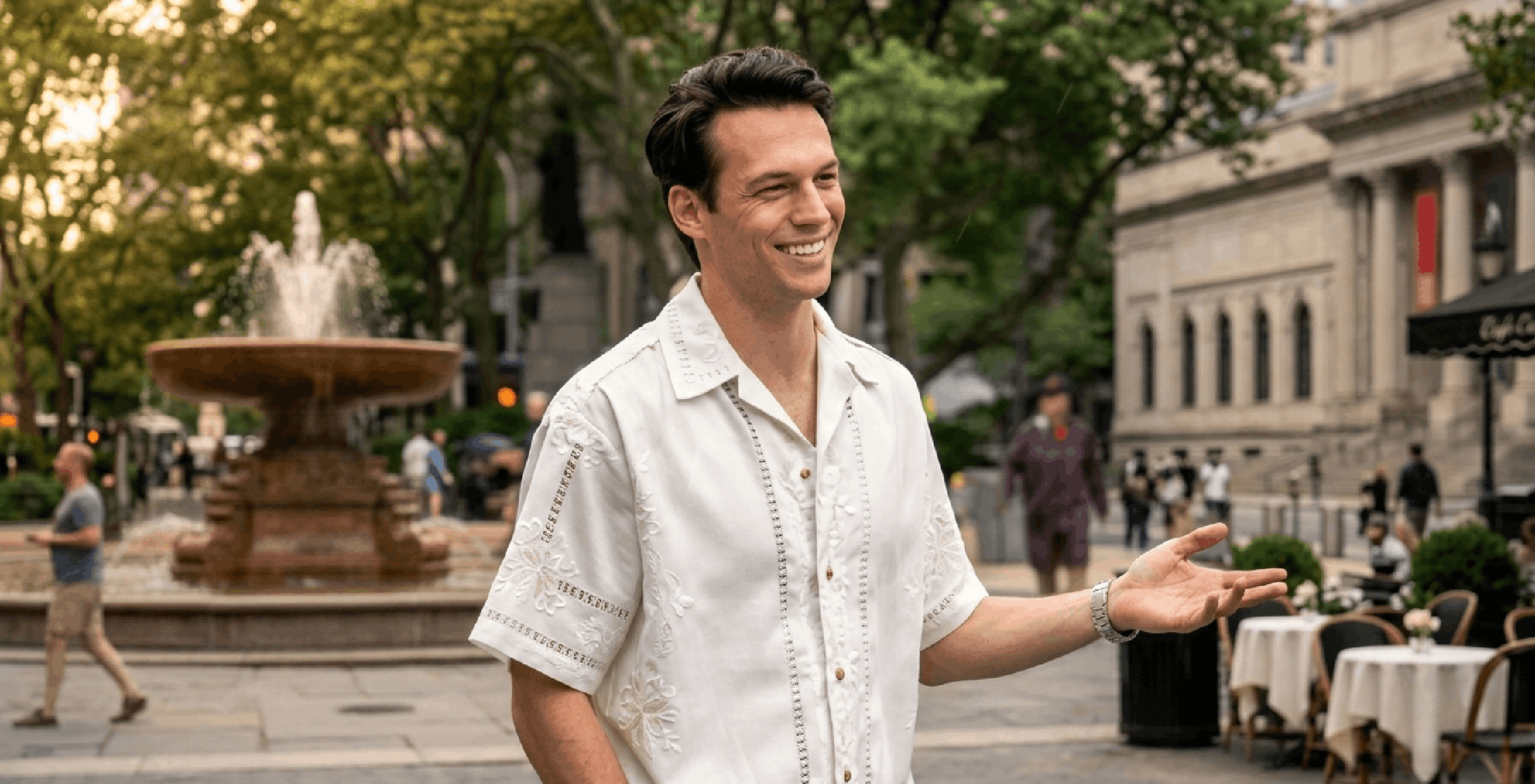 Sebastiano Pigazzi wearing cream-white Giuseppe embroidered camp shirt from And Just Like That Season 3