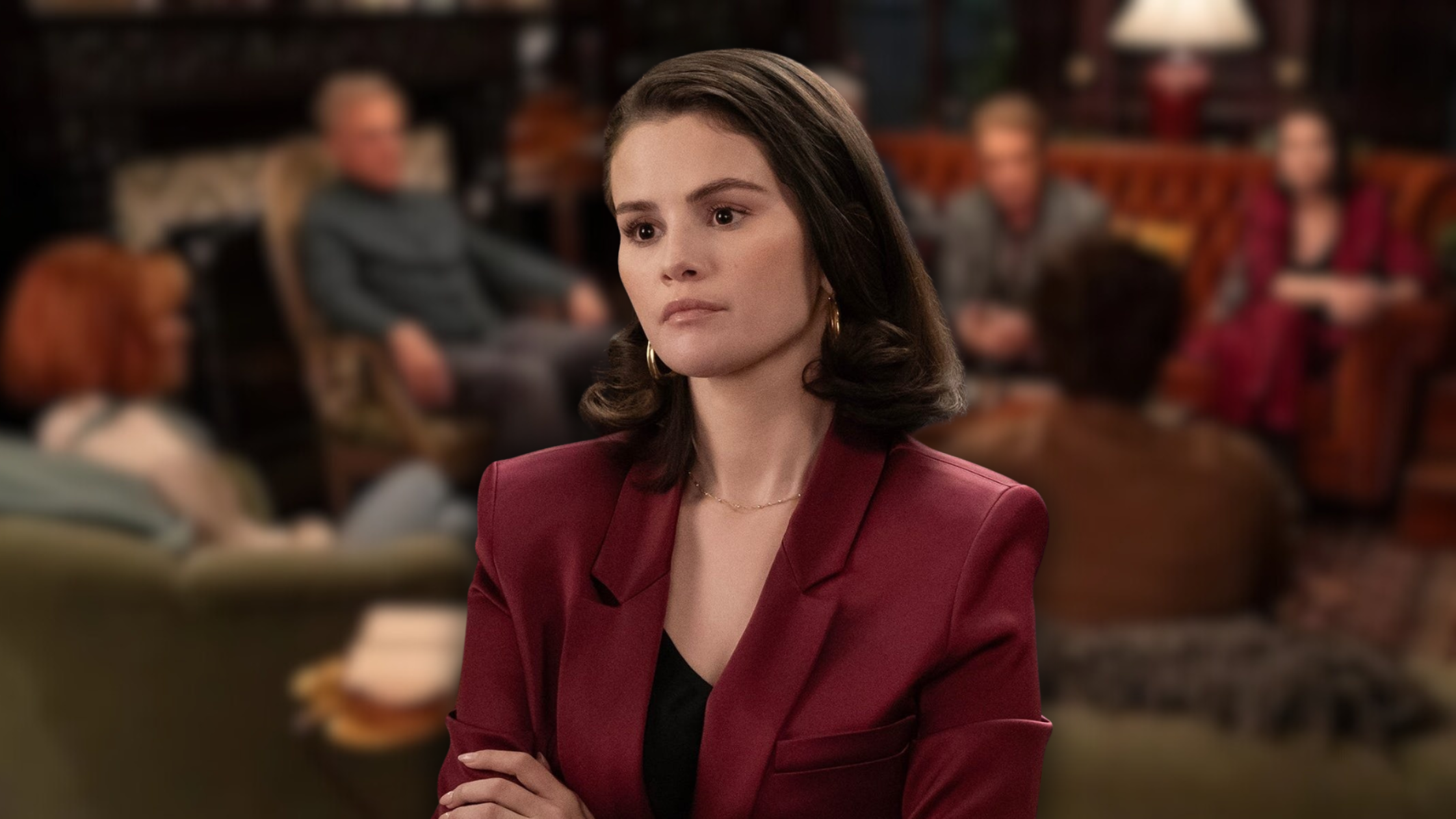 Selena Gomez as Mabel Mora in *Only Murders in the Building S5E04 Dirty Birds, wearing a burgundy Lapointe satin blazer with matching trousers and minimal gold jewelry.