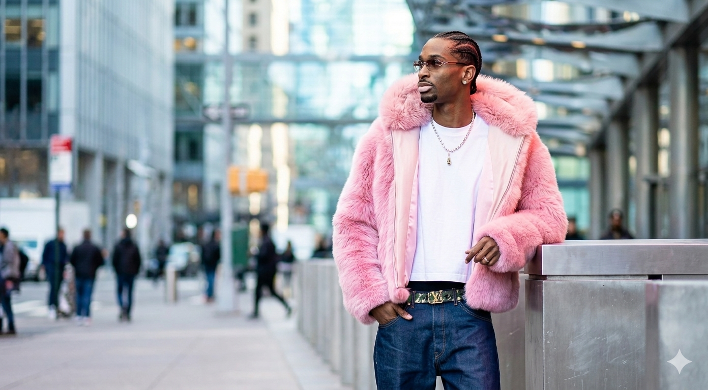 Shai Gilgeous-Alexander 2026 candy pink oversized fur jacket with puffy sleeves and dramatic hood