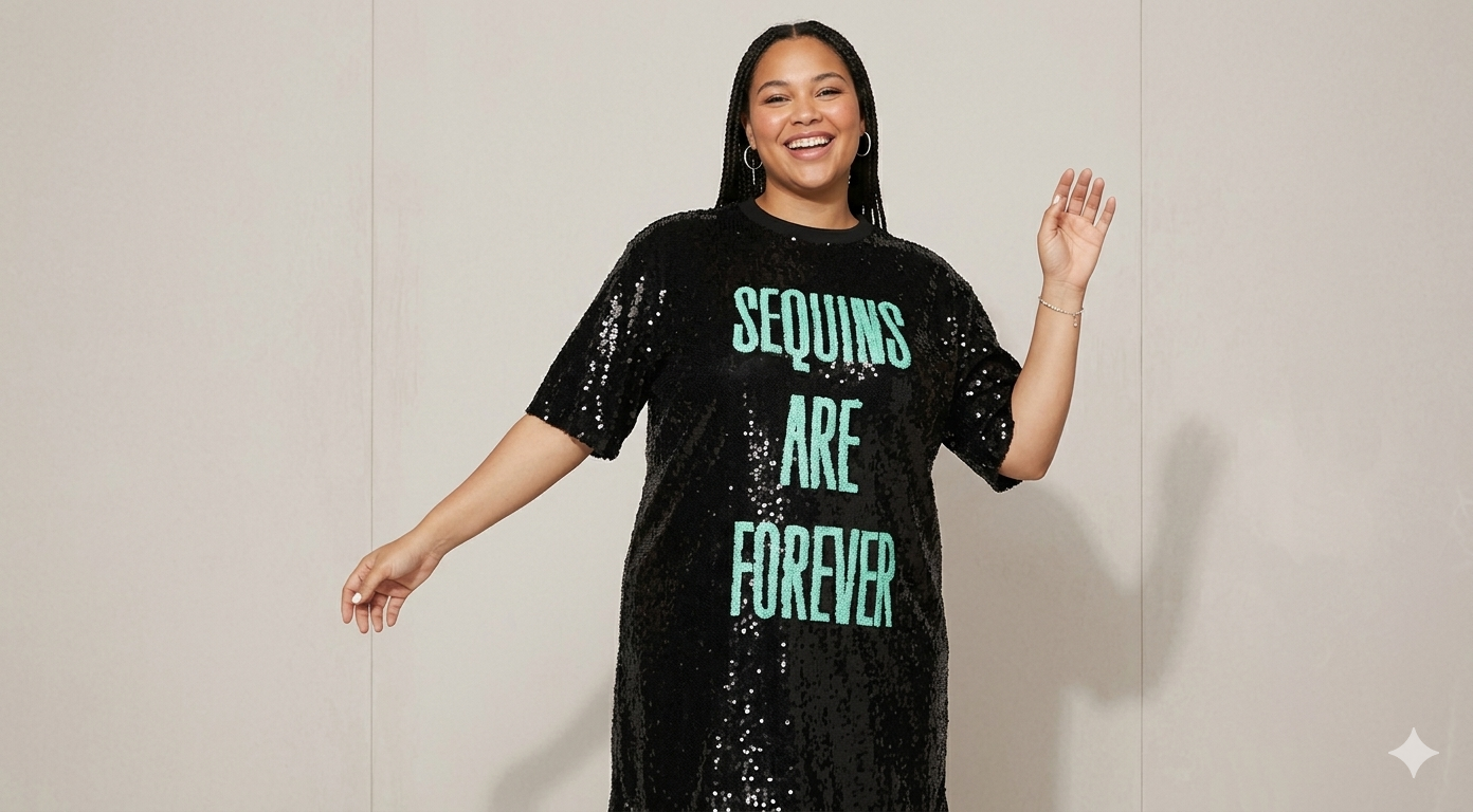 Sequins Are Forever blue text graphic crew neck black sequin pullover T-shirt