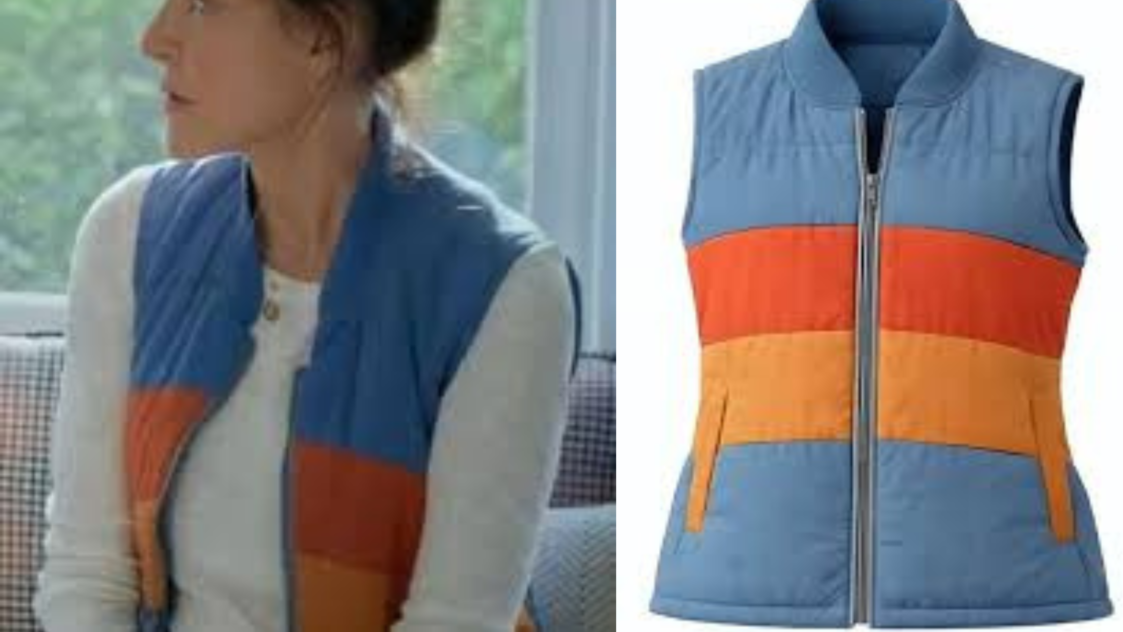 Shrinking S03 Christa Miller Colorblock Puffer Vest in Cerulean Blue, Burnt Orange, and Amber