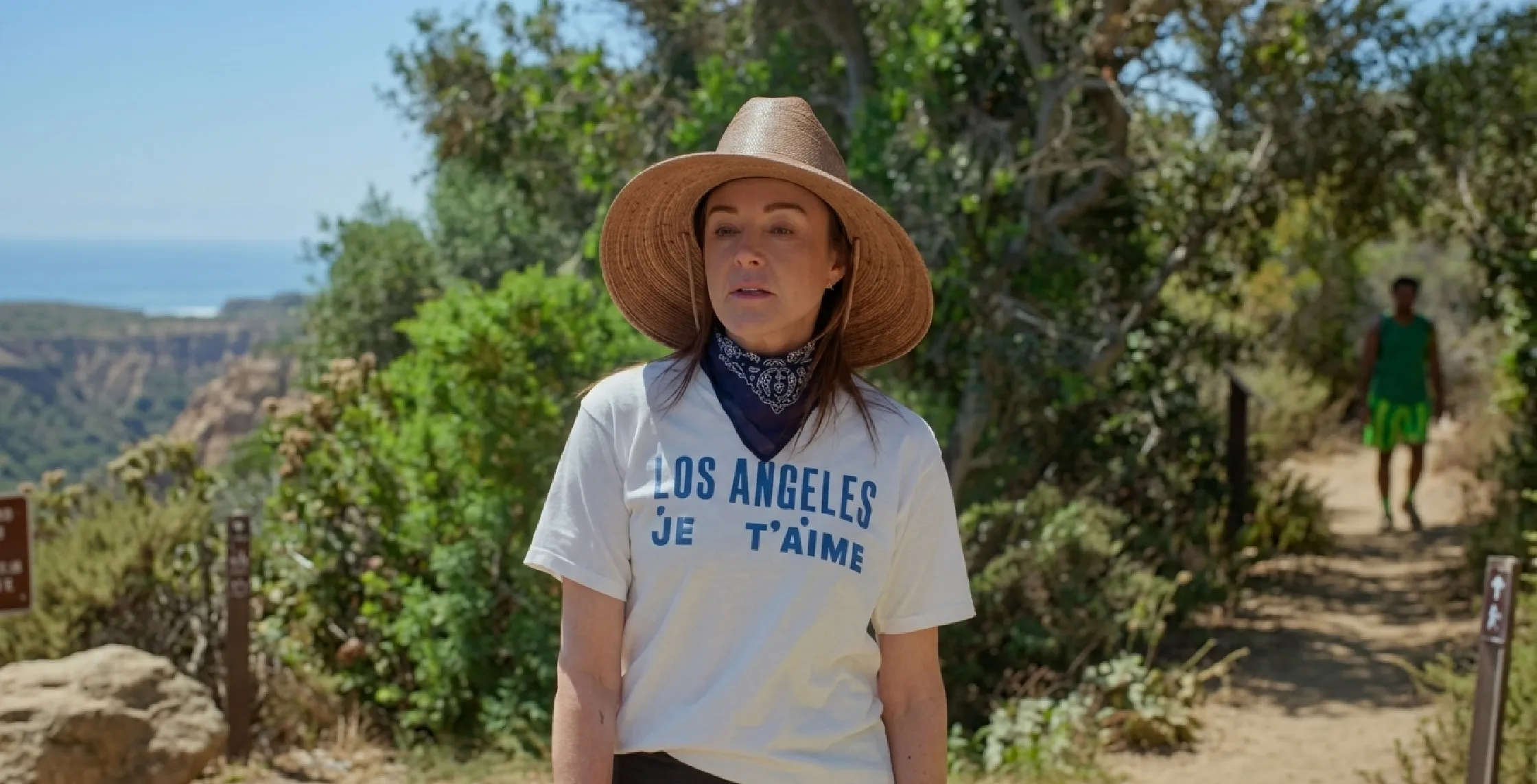 Shrinking Christa Miller Los Angeles Je T’aime white graphic t-shirt with blue text slim fit casual tee