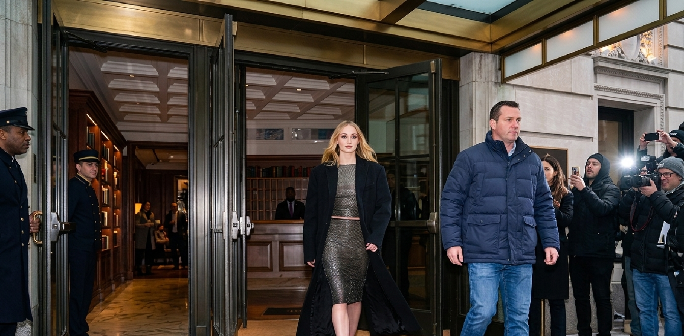 Sophie Turner wearing black oversized trench coat with silver crop top and midi skirt in New York 2026