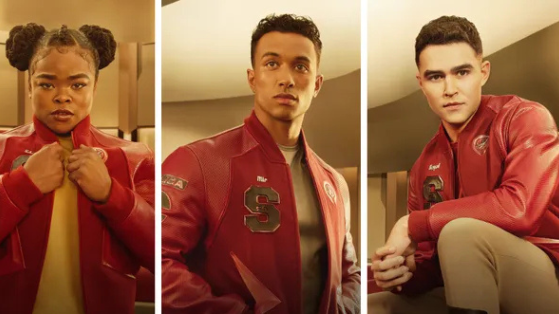 Star Trek Starfleet Academy star wears a crimson varsity jacket with chenille S patch, adding futuristic collegiate style to the series premiere look.